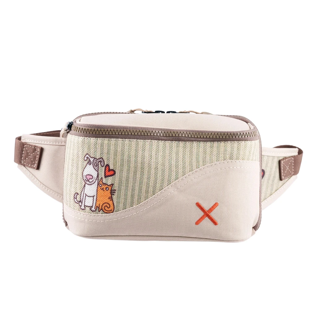 Krem Rengi Kedi & Köpek Desenli Kanvas Unisex Göğüs ve Bel Çantası