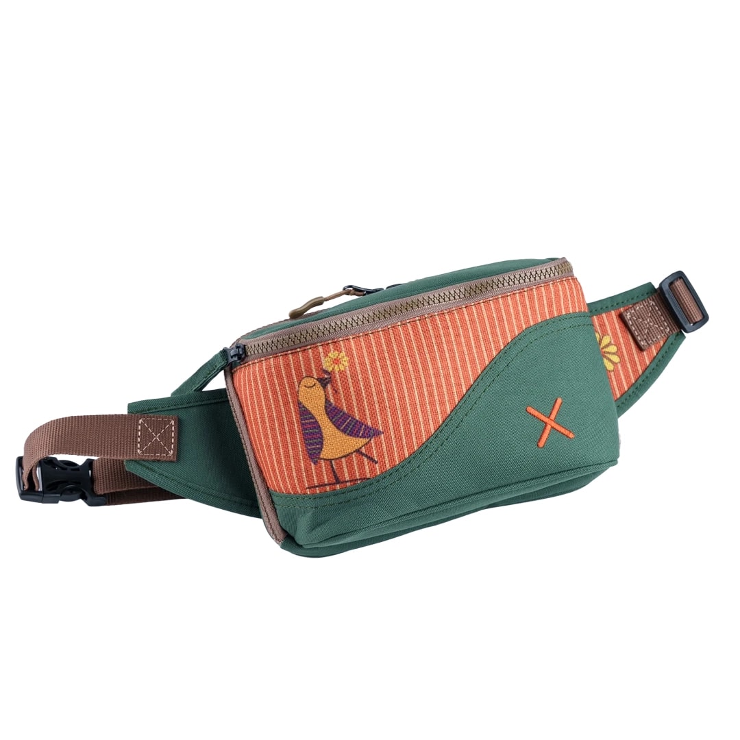 Yeşil Kuş Desenli Kanvas Unisex Göğüs ve Bel Çantası
