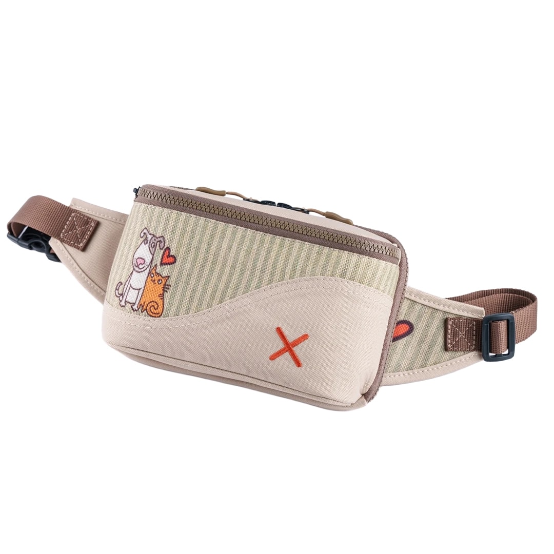 Krem Rengi Kedi & Köpek Desenli Kanvas Unisex Göğüs ve Bel Çantası