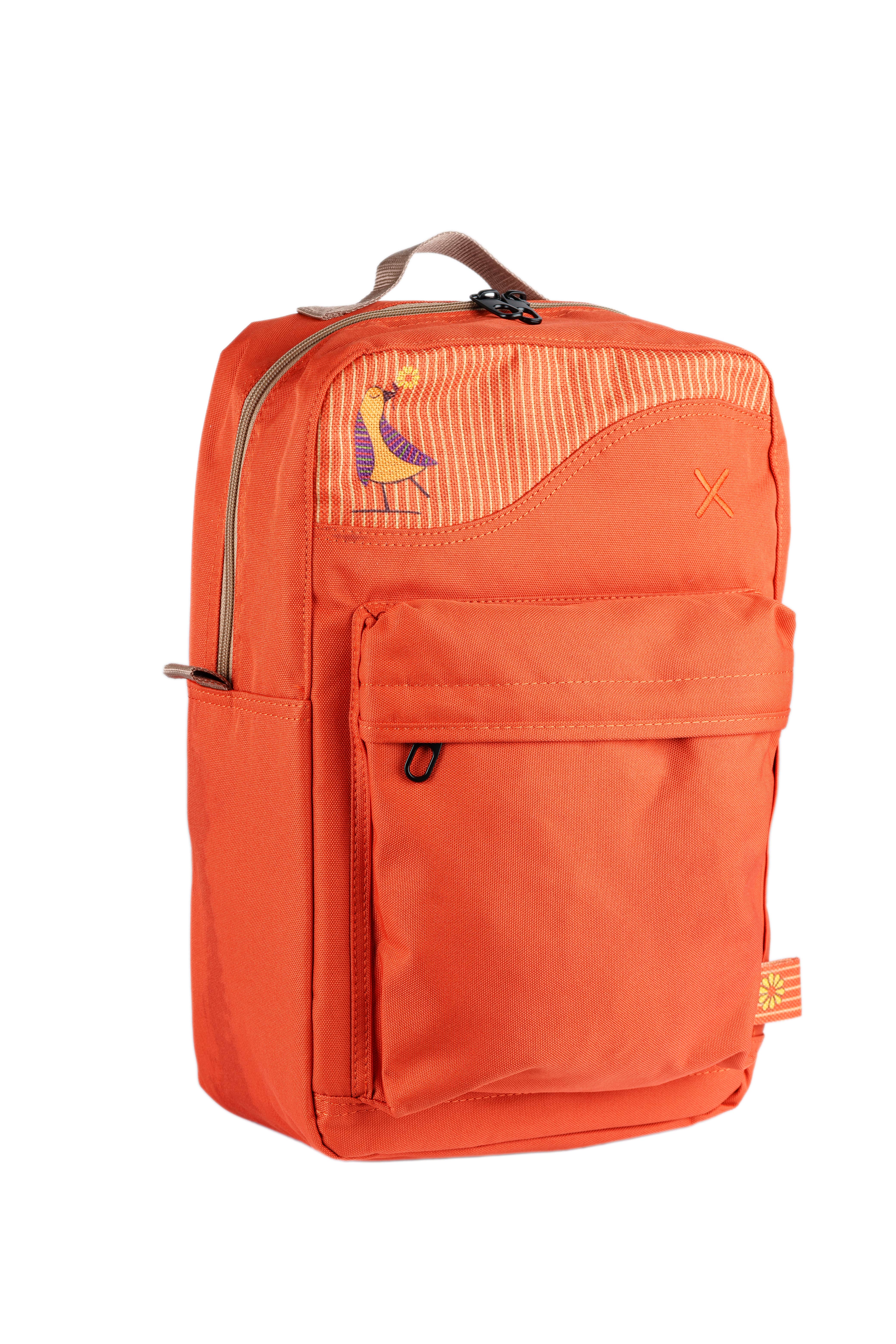 Turuncu Kuş Desenli Kanvas Unisex Sırt Çantası