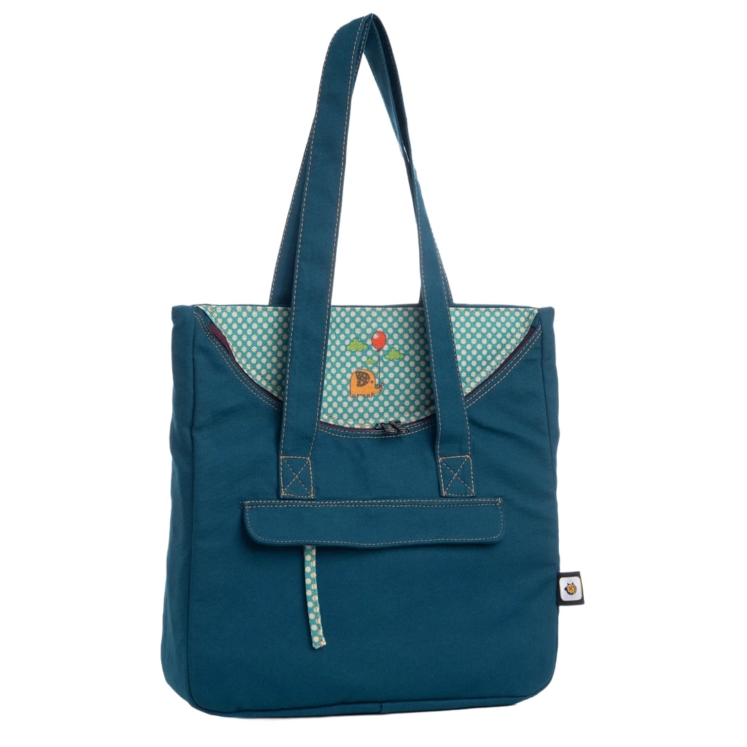 Petrol Mavisi Fil Desenli Canvas Kumaş Omuz Çantası