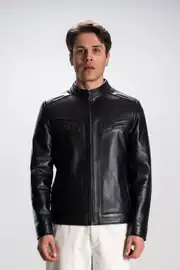 DERİCLUB Albert Erkek Hakim Yaka Slim Fit Gerçek Deri Mont