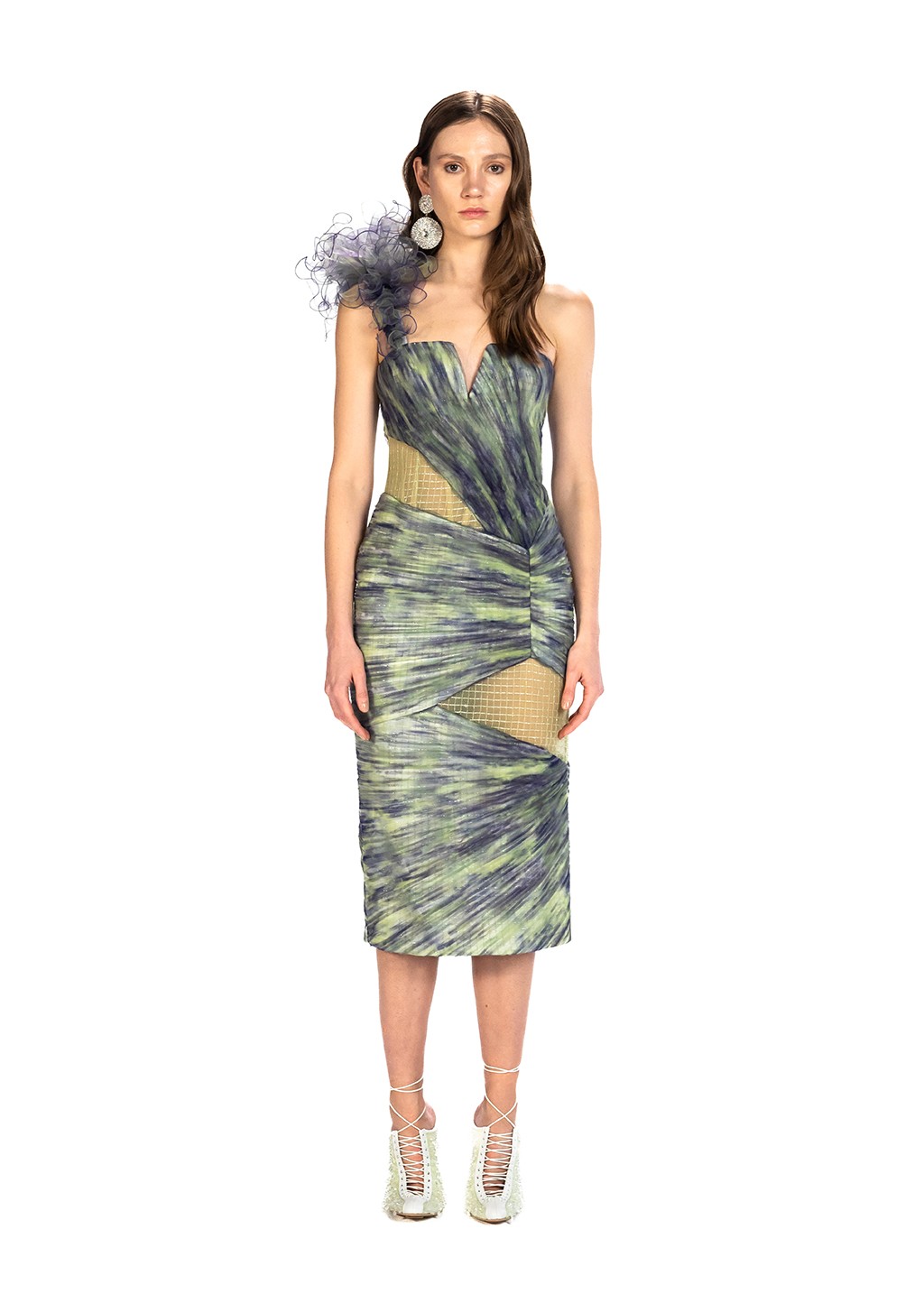 Maxi Dress with Amorphous Flower Embalishment on Shoulder
