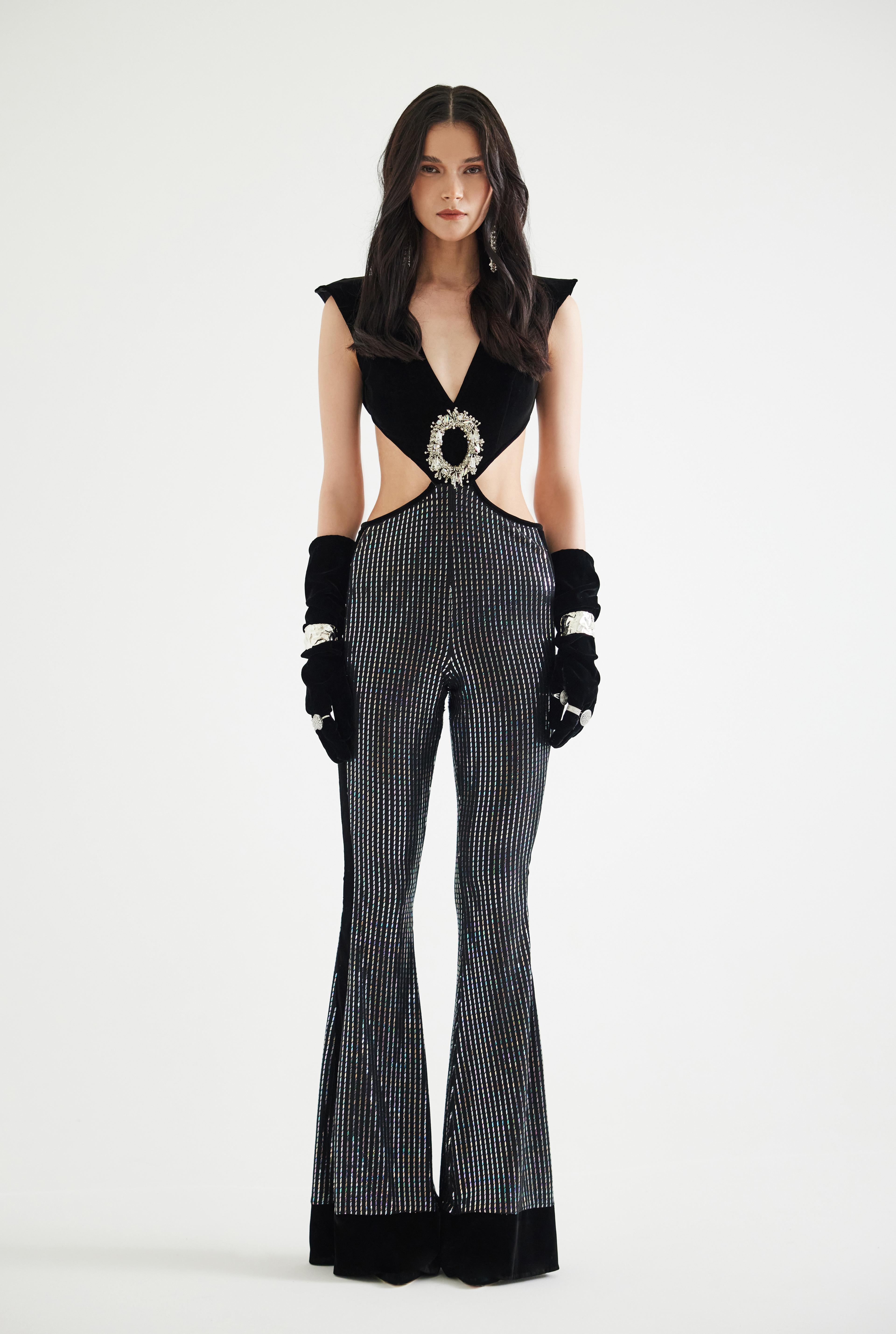 Velvet-Trimmed Embroidered Hologram Printed Jumpsuit