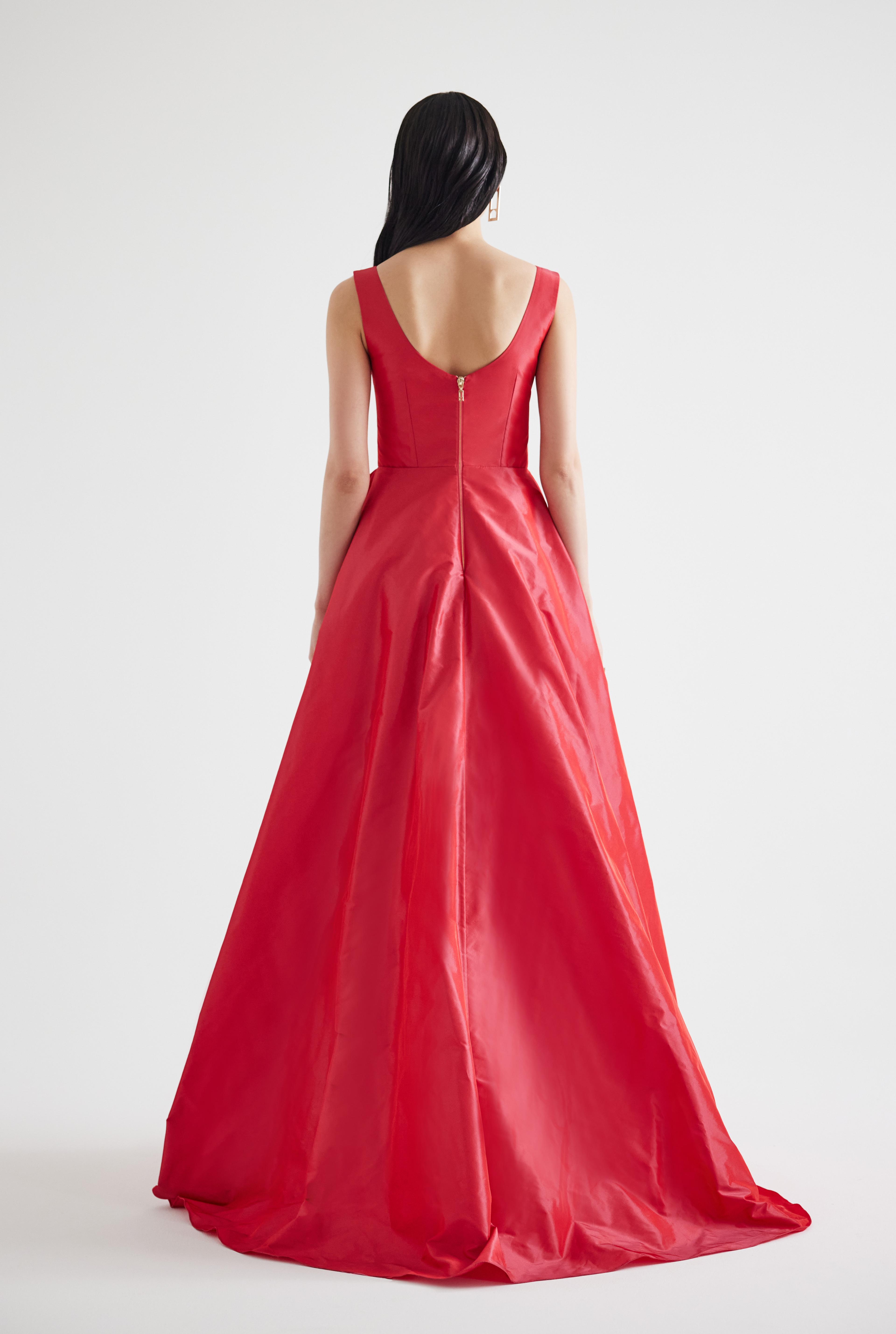 Side Slit Flower Detailed Taffeta Maxi Dress