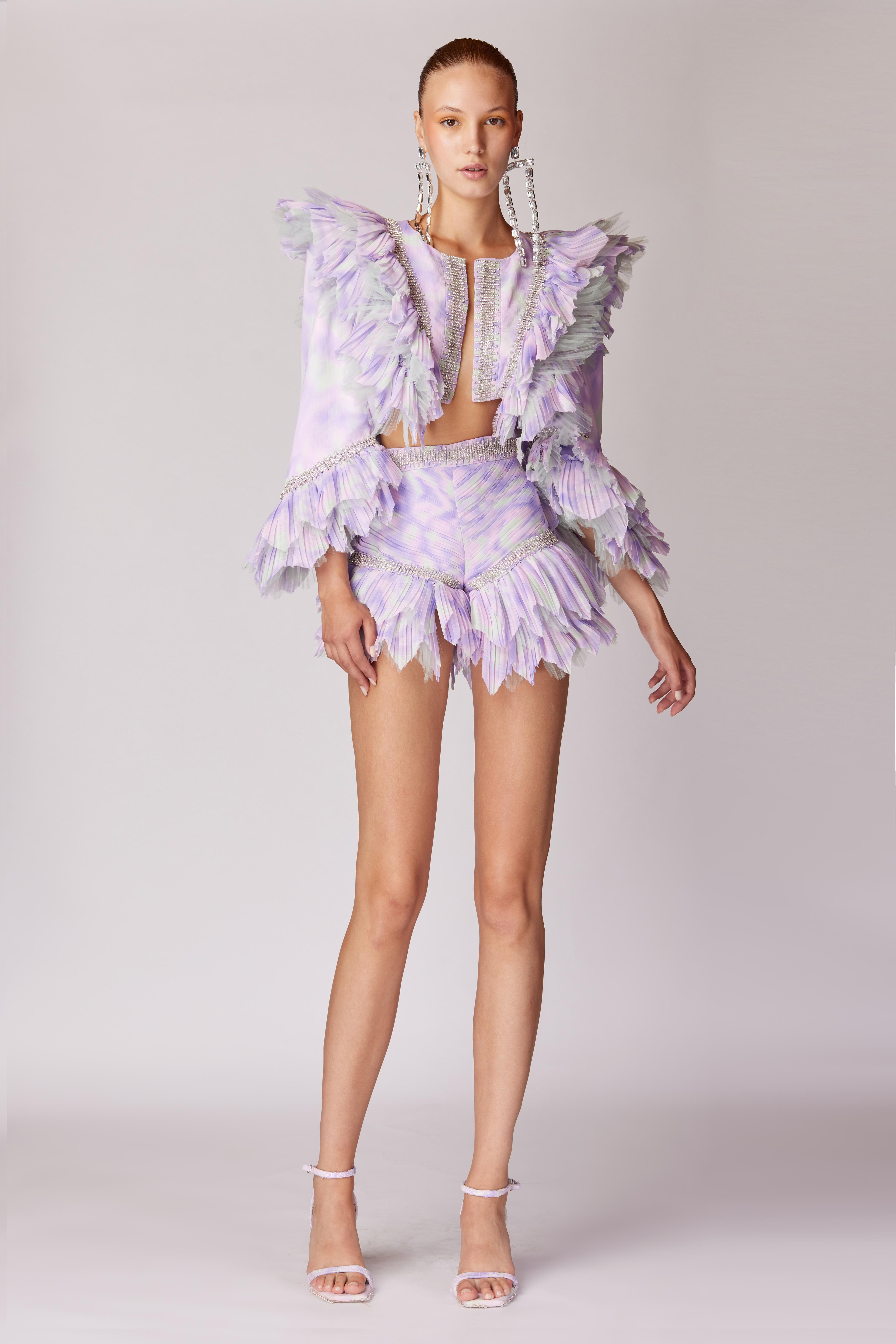 Stone Printed And Patterned Mini Jacket With Asymmetriacal Pleated Frills & Mini Short