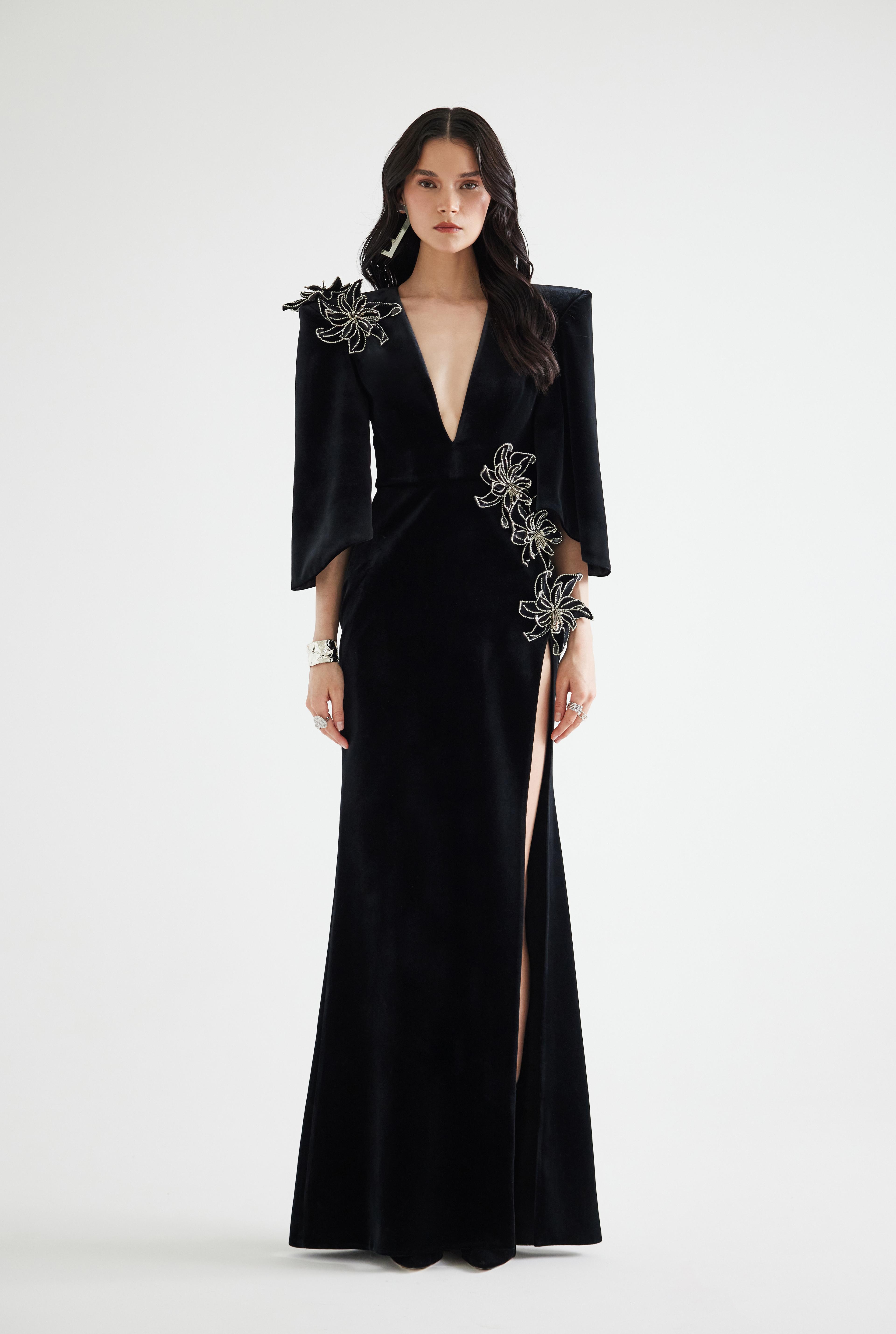 3D Flower Embroidered Side Slit Velvet Midi Dress