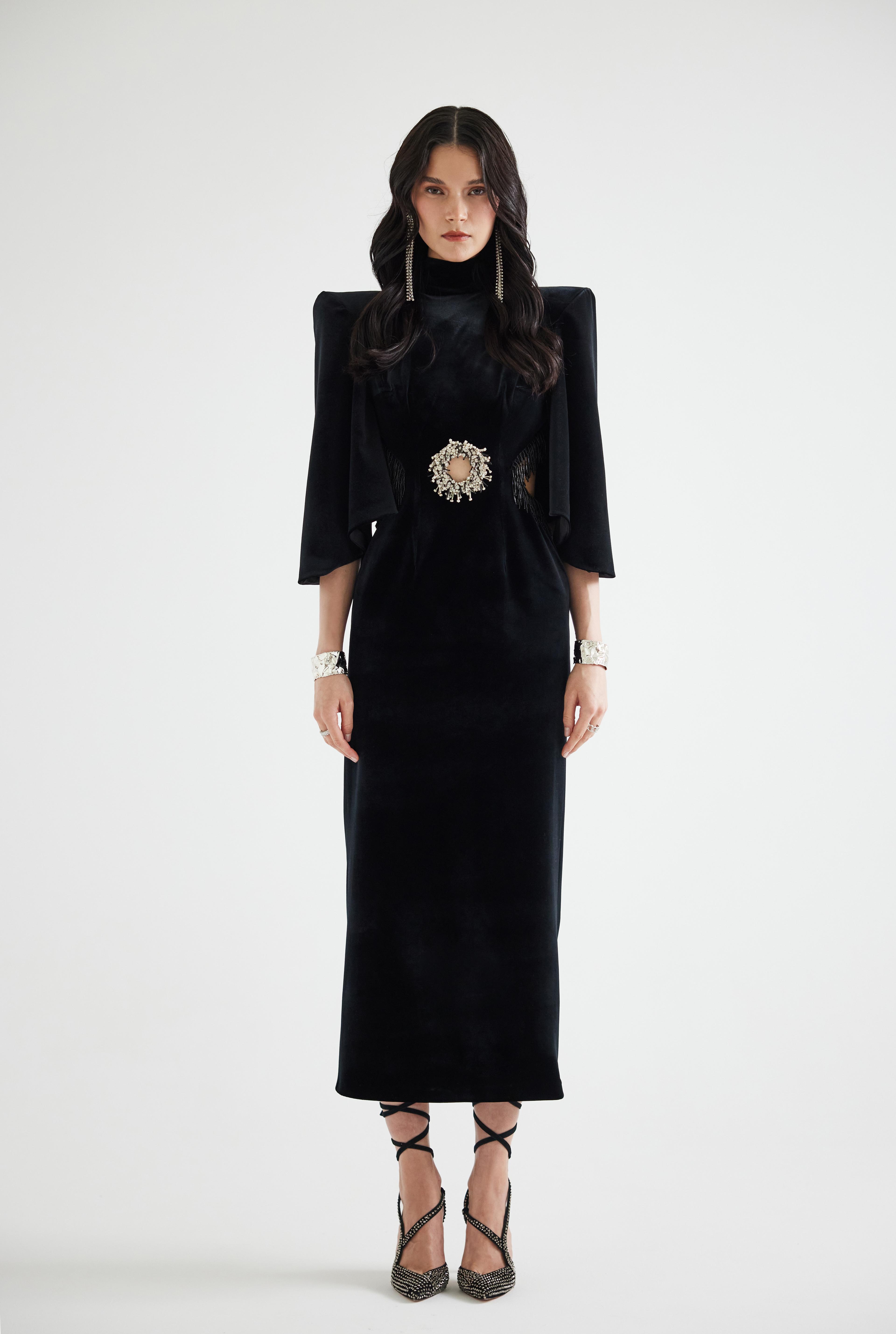 Embroidered Backless Velvet Midi Dress – Hand Made