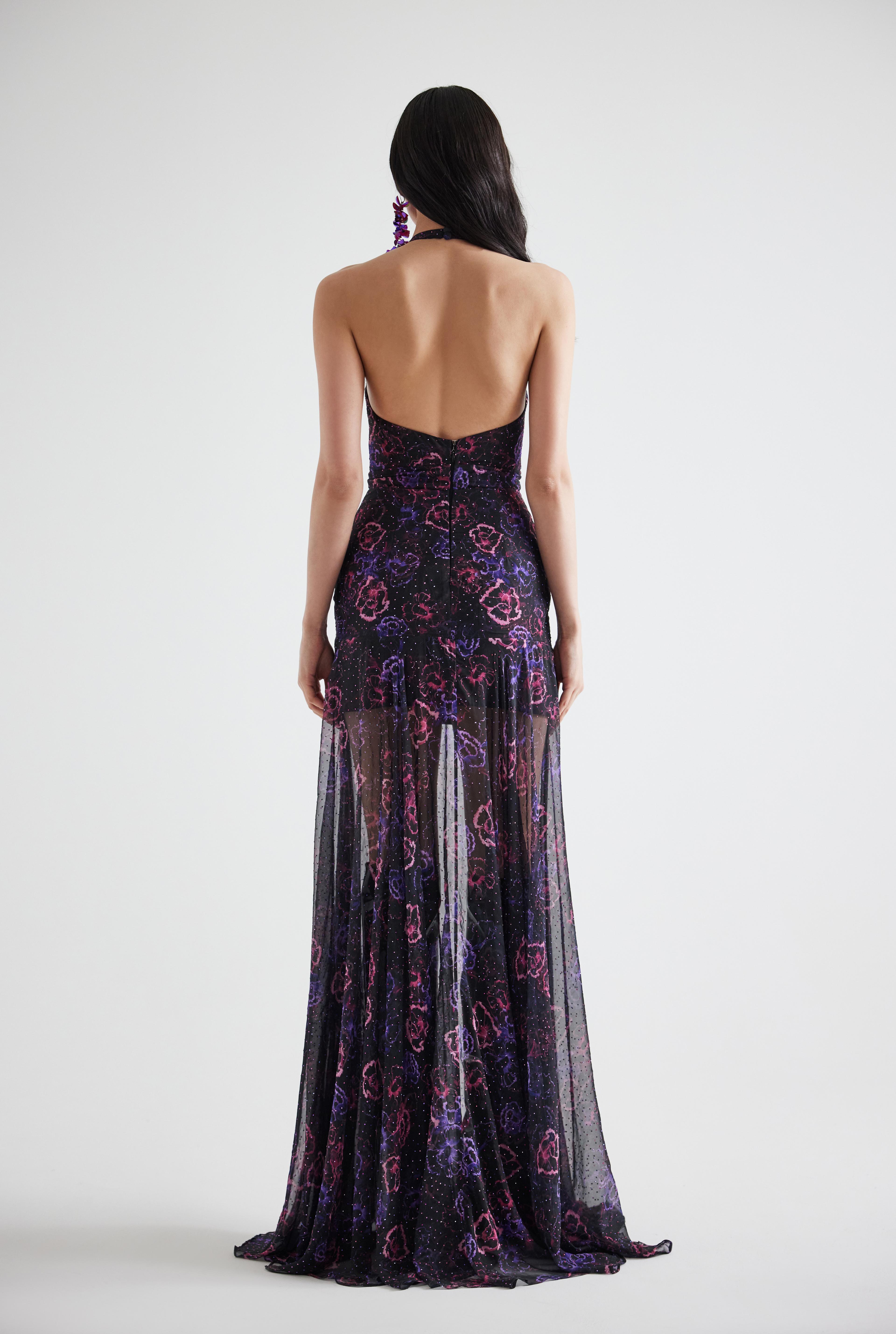 Assymetrical Stone Printed Floral Patterned Maxi Dress