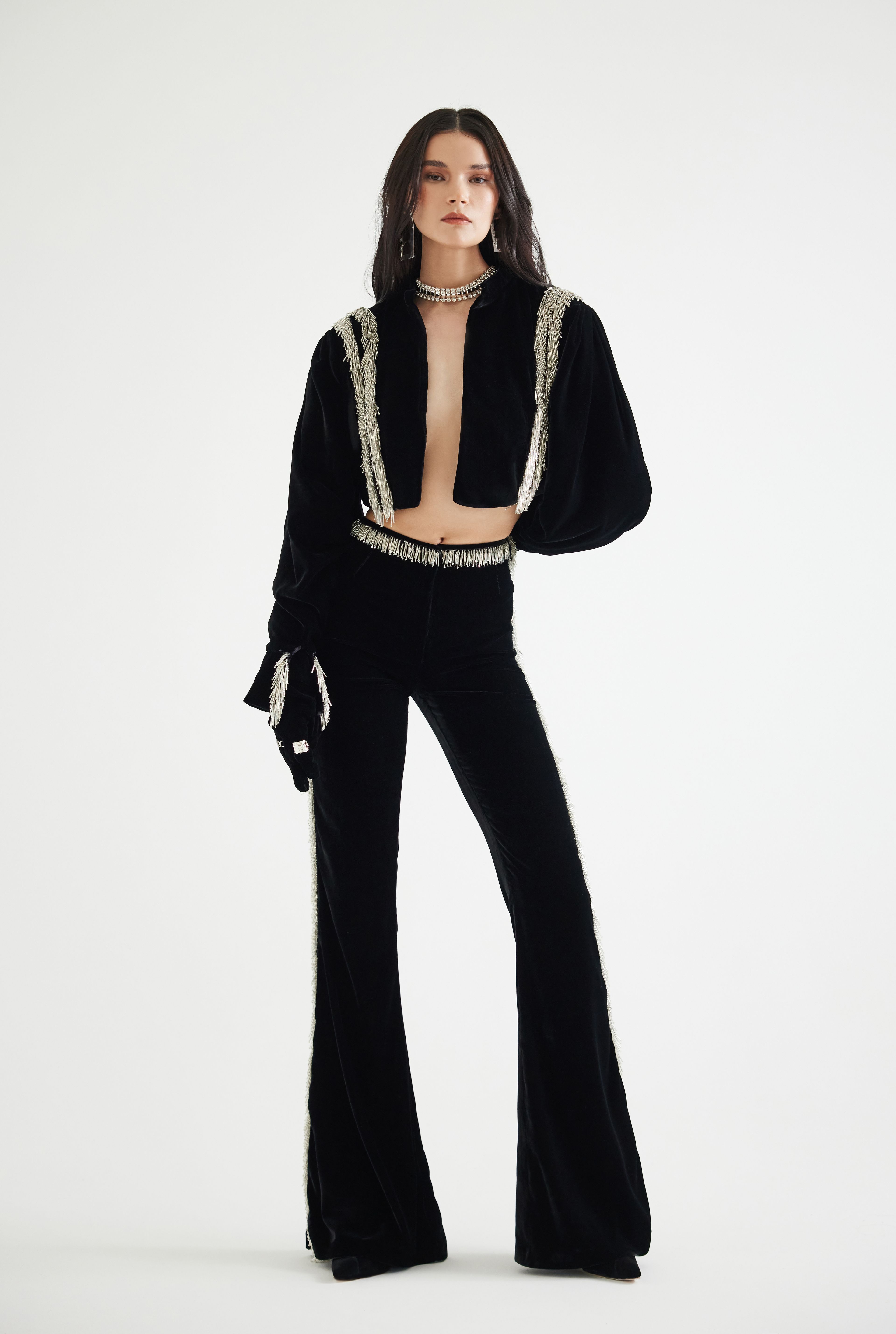 Bead-Embellished Flare Velvet Pants