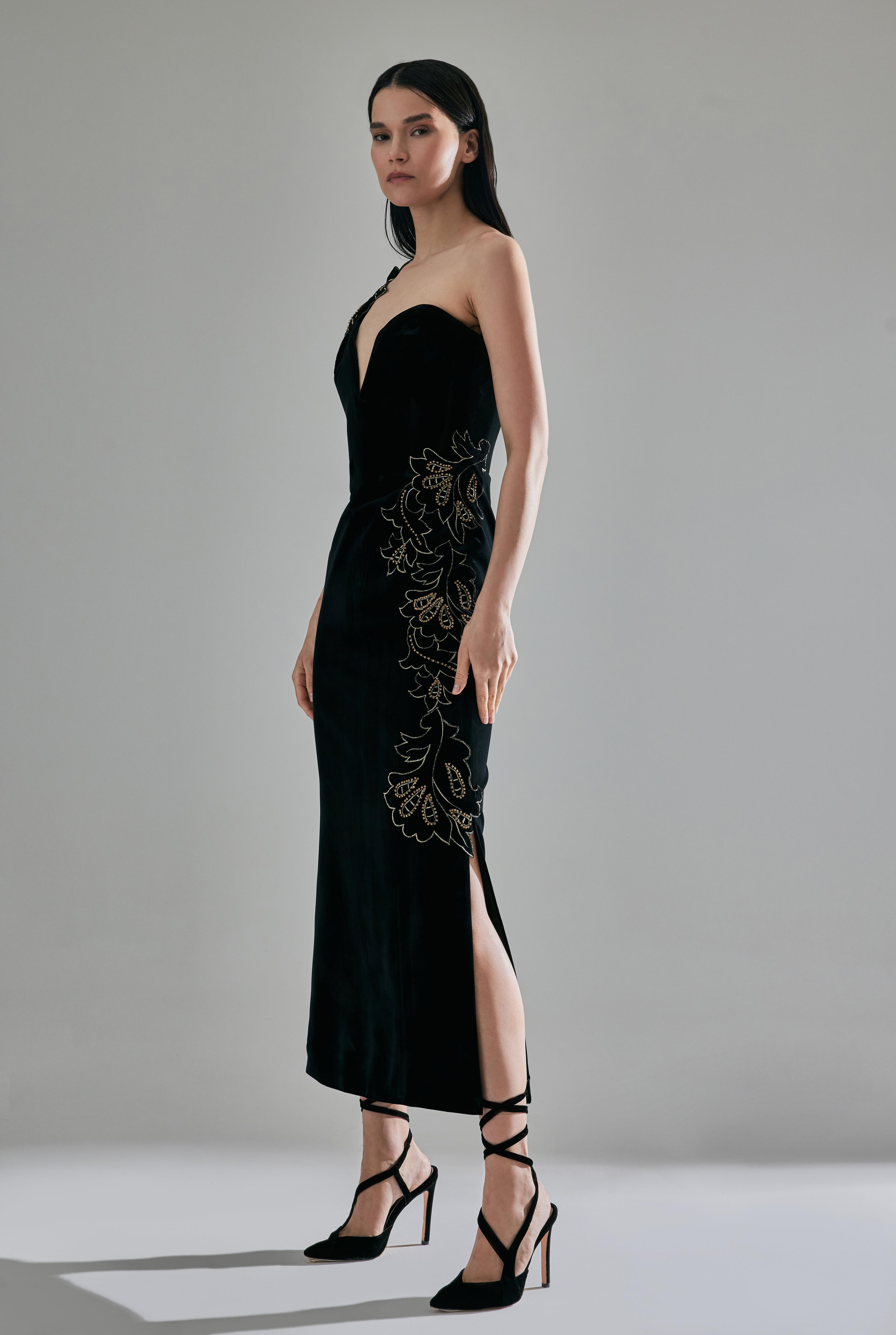 Embroidered Side Slit Midi Dress - Hand Made