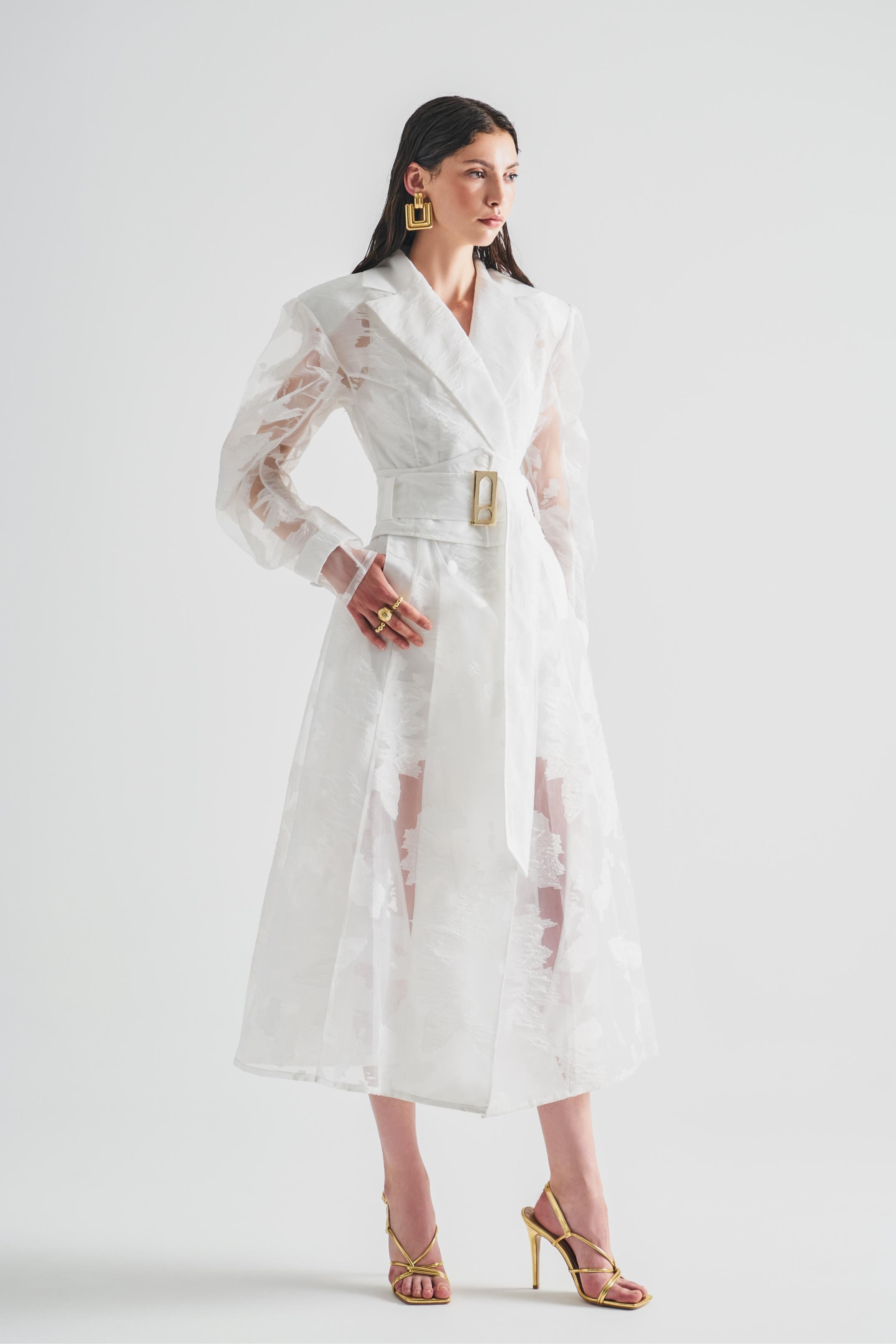 Jacquard Trench Coat with Corset Belt