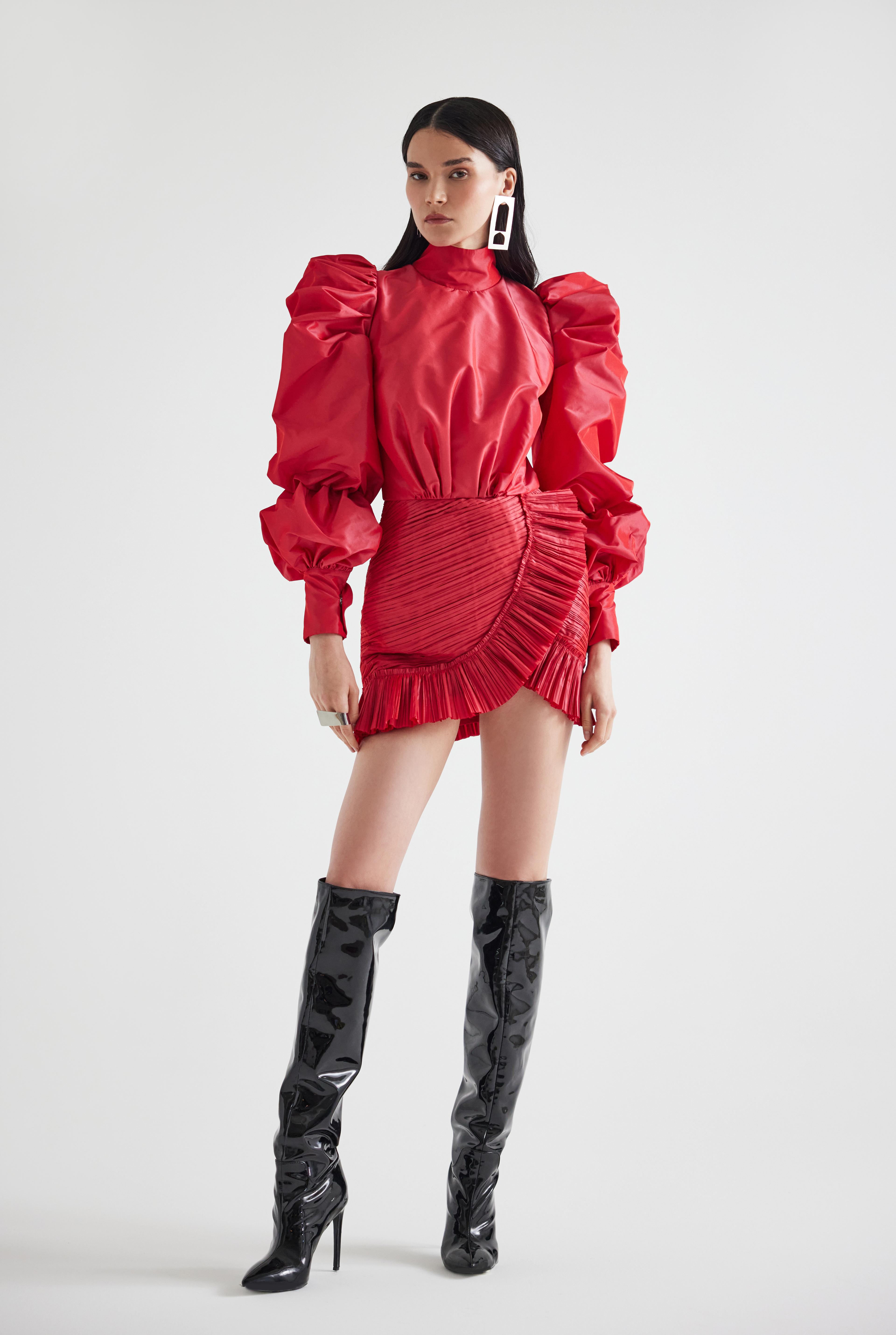 Draped and Ruffled Puffy Sleeved Taffeta Mini Dress