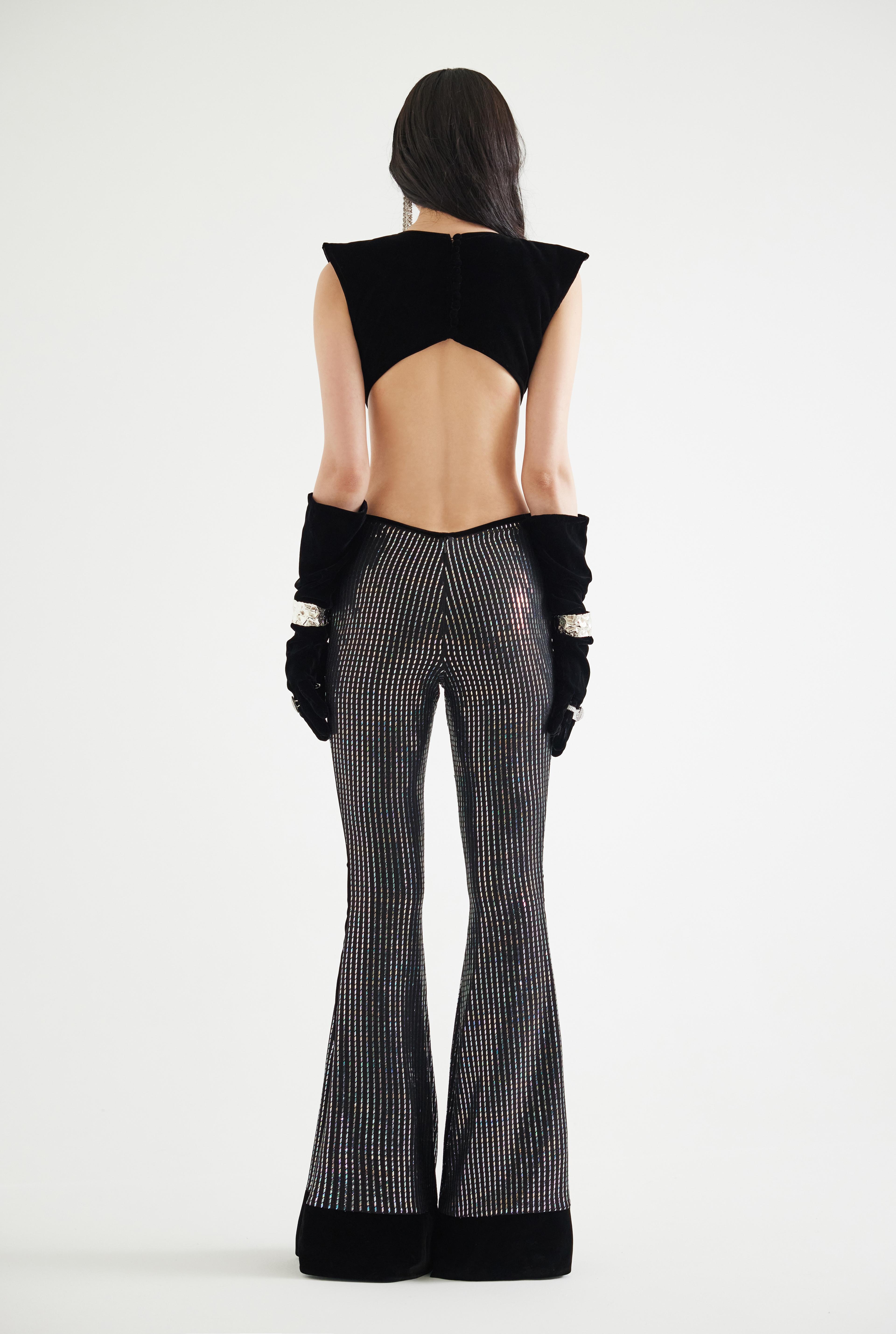 Velvet-Trimmed Embroidered Hologram Printed Jumpsuit