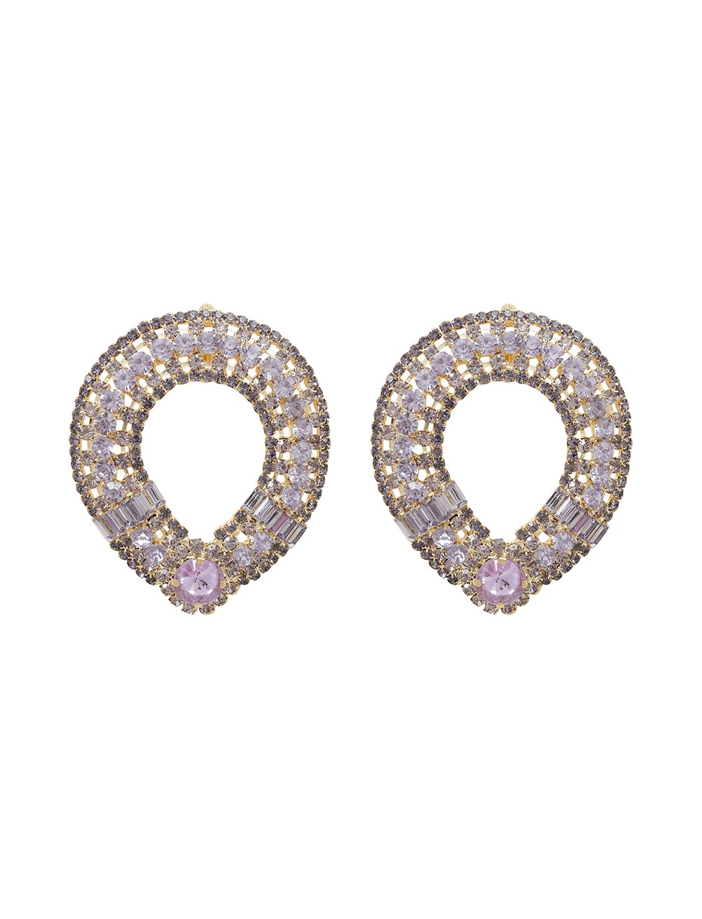 Gold Oval Earrings With Lilac Crystals