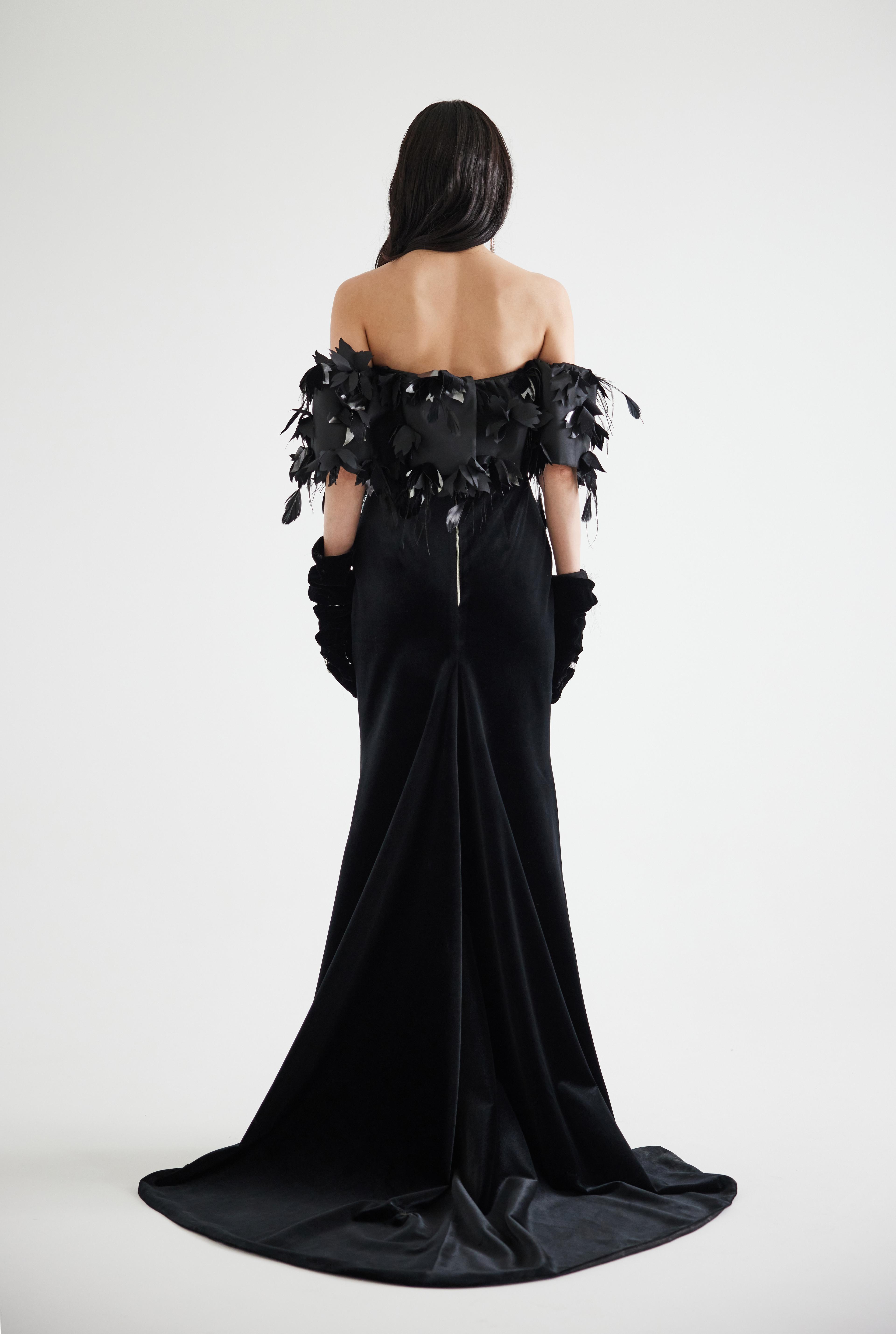 Flower Emballishments Feathered Velvet Maxi Dress