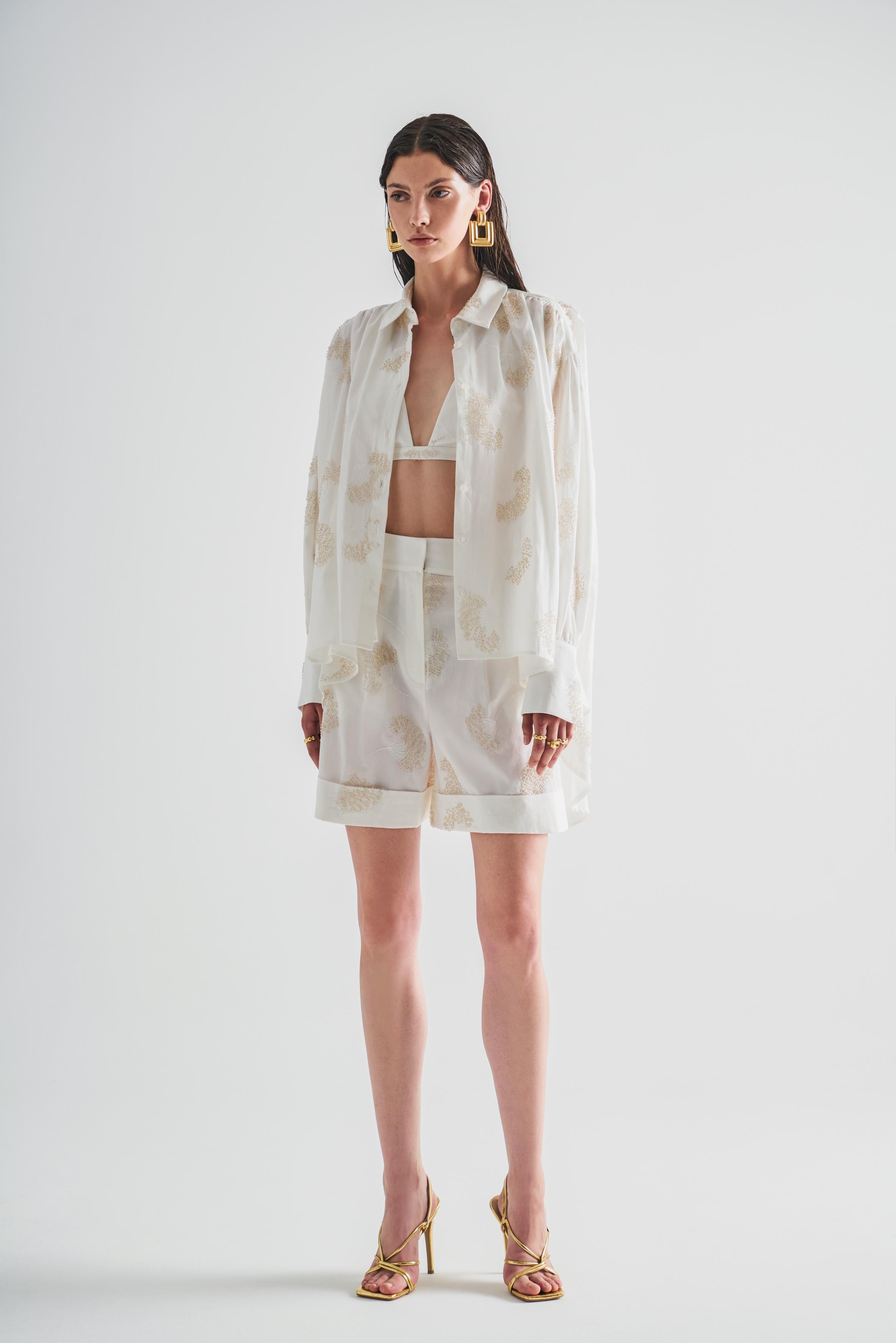 Embroidered Oversize Shirt with Gather Detail