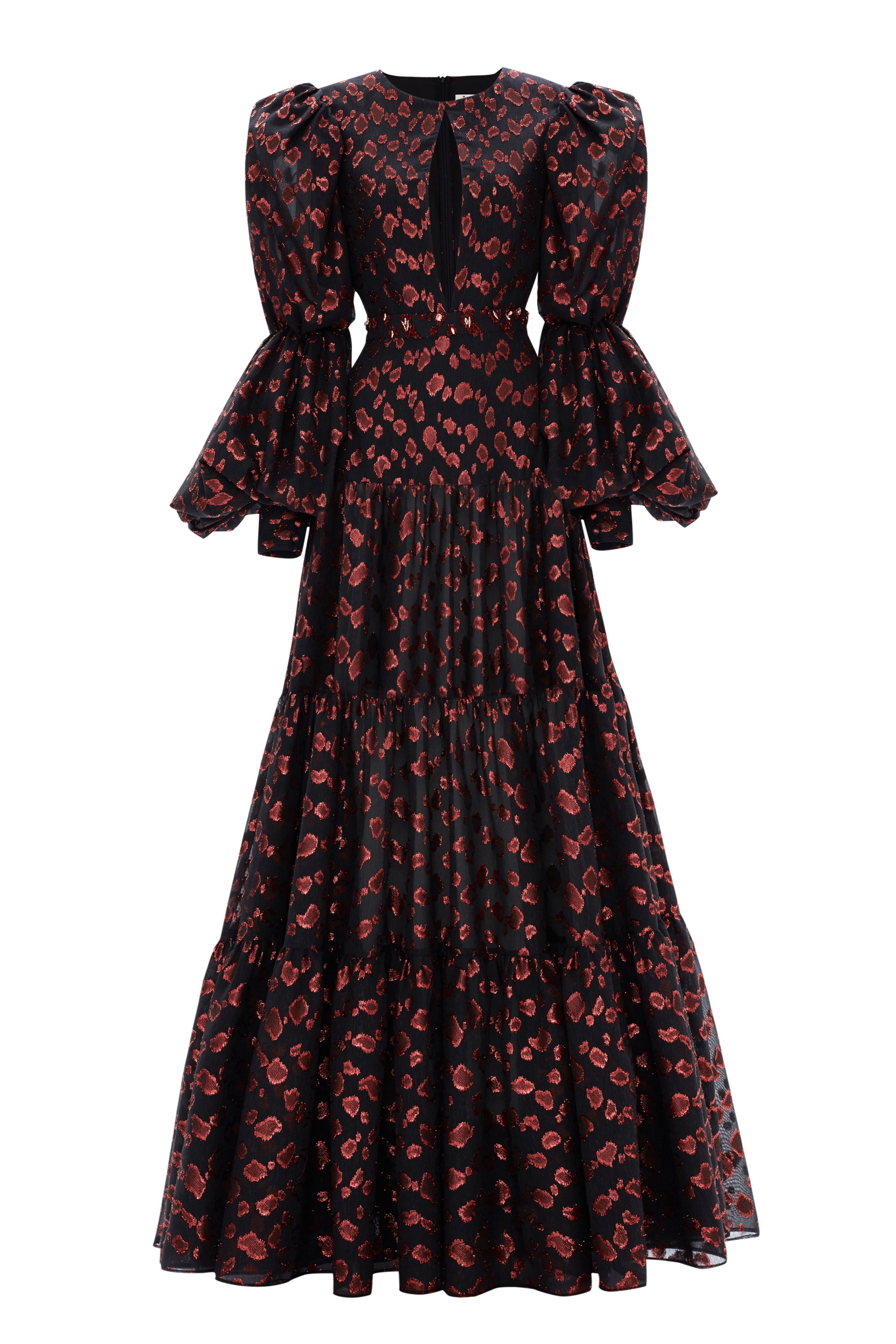 Puffy Sleeved Laminated Jacquard Maxi Dress