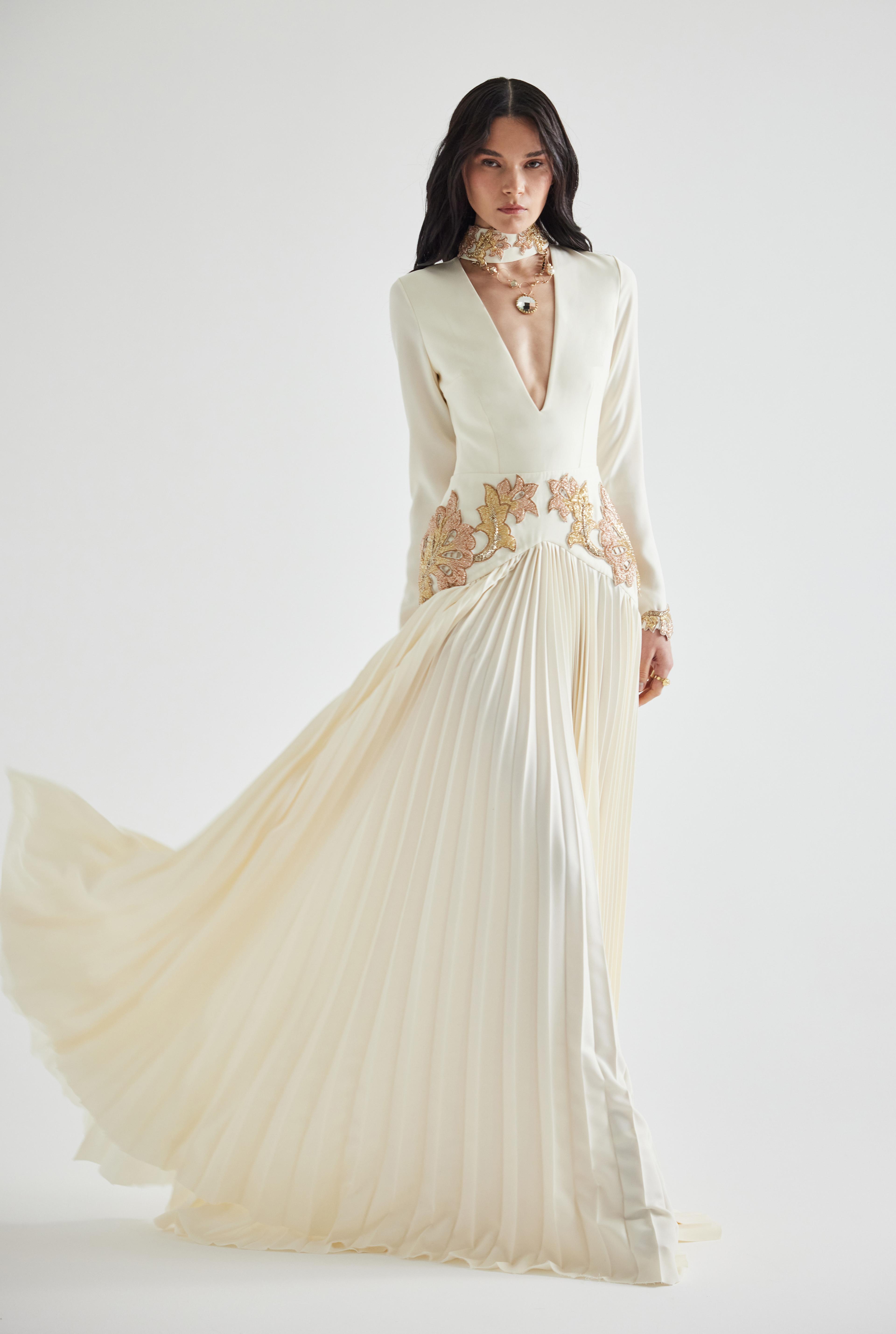 Embroidered Pleated Maxi Dress - Handmade