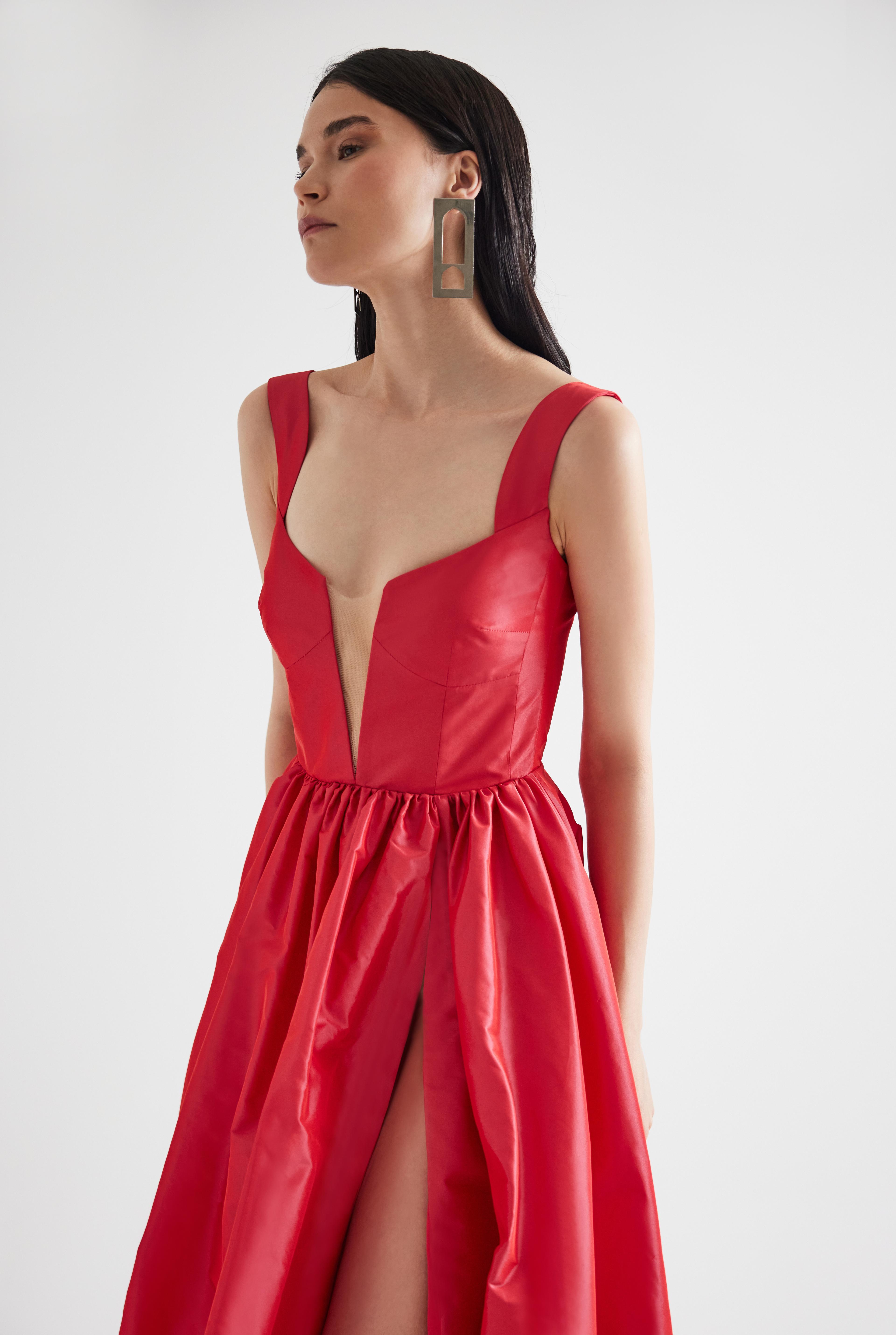 Side Slit Flower Detailed Taffeta Maxi Dress