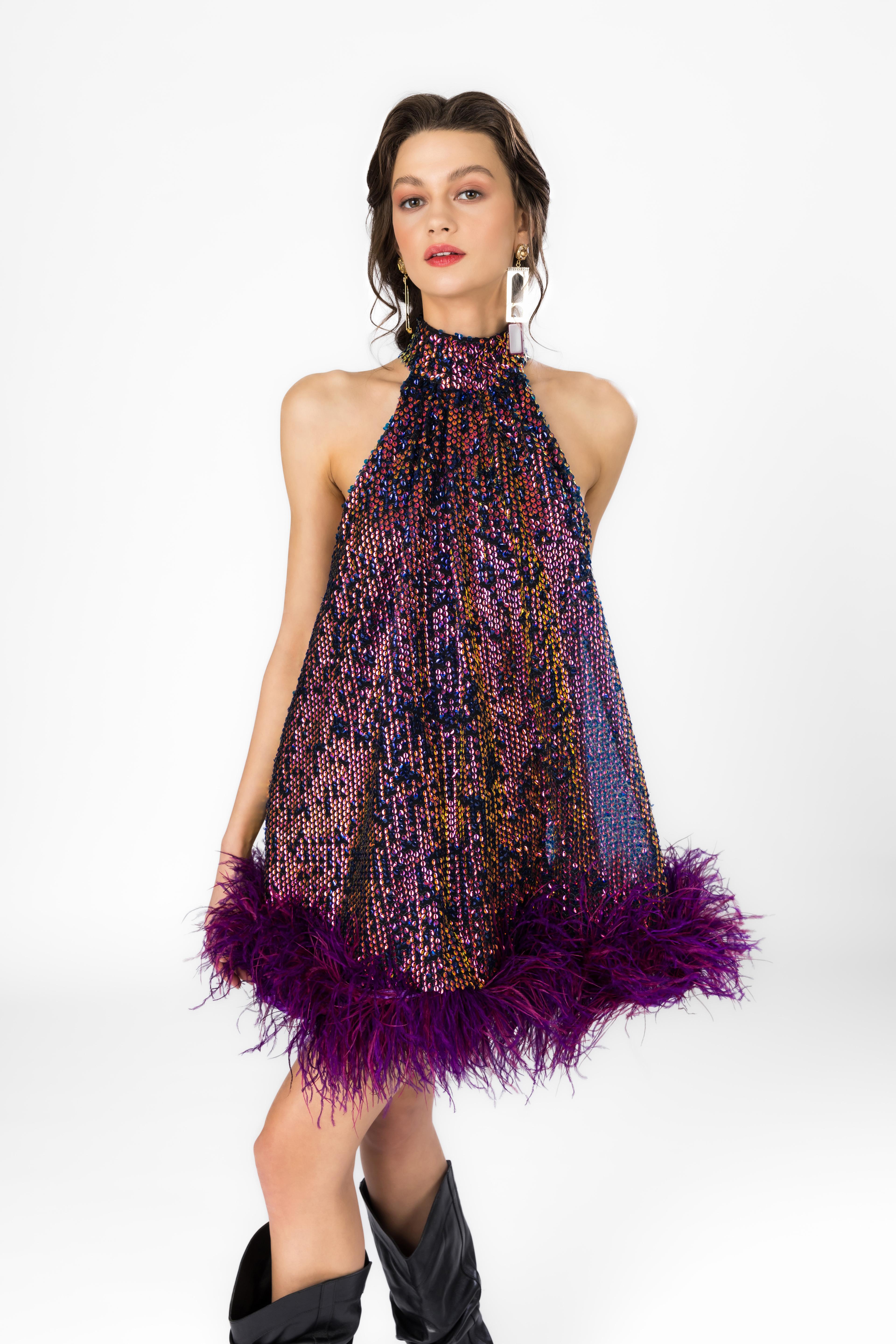 Halterneck Mini Dress with Feathers