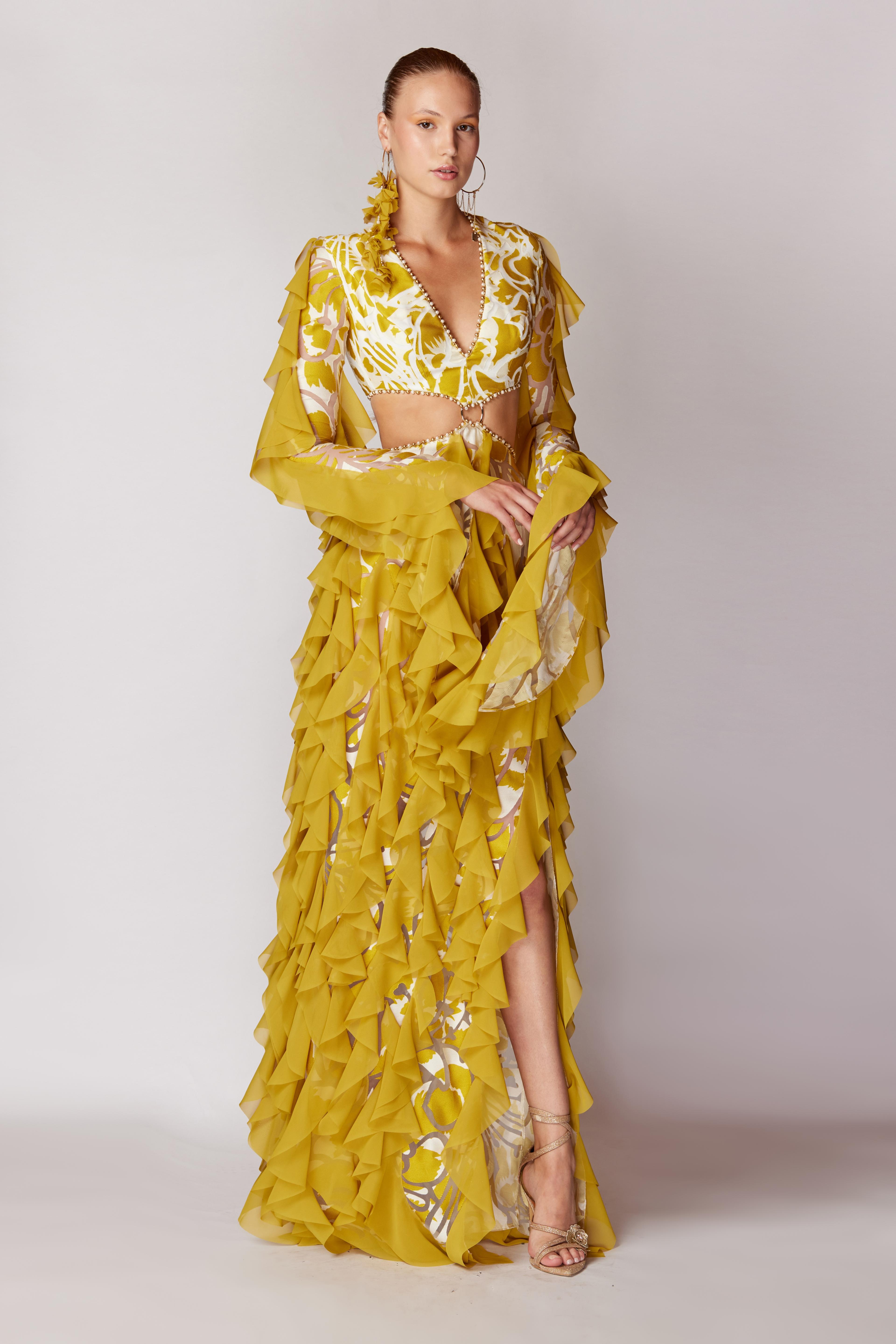 Mustard Patterned Long Sleeved Pearl Binding Long Dress Handmade