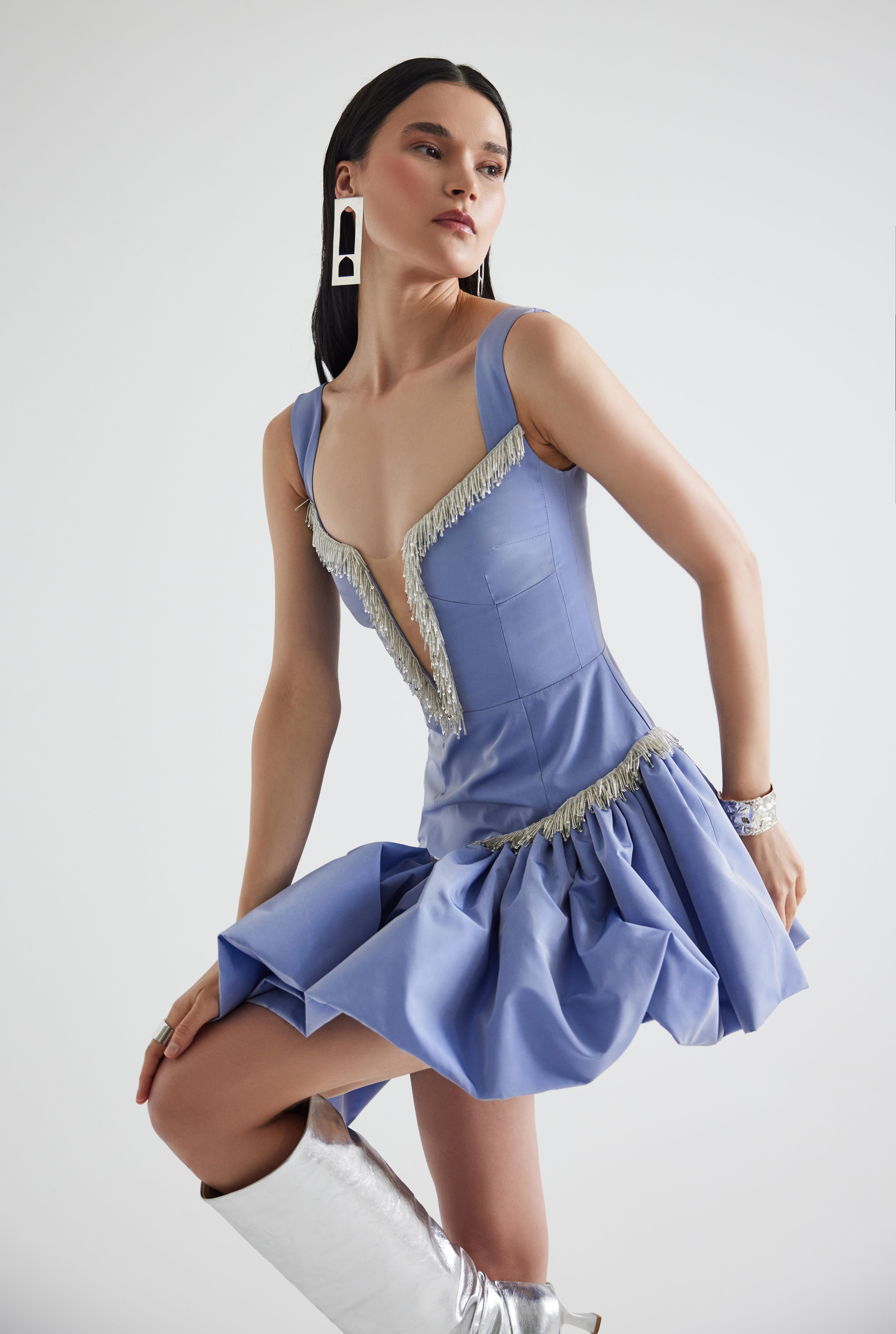 Assymetrical Embroidered Taffeta Mini Dress