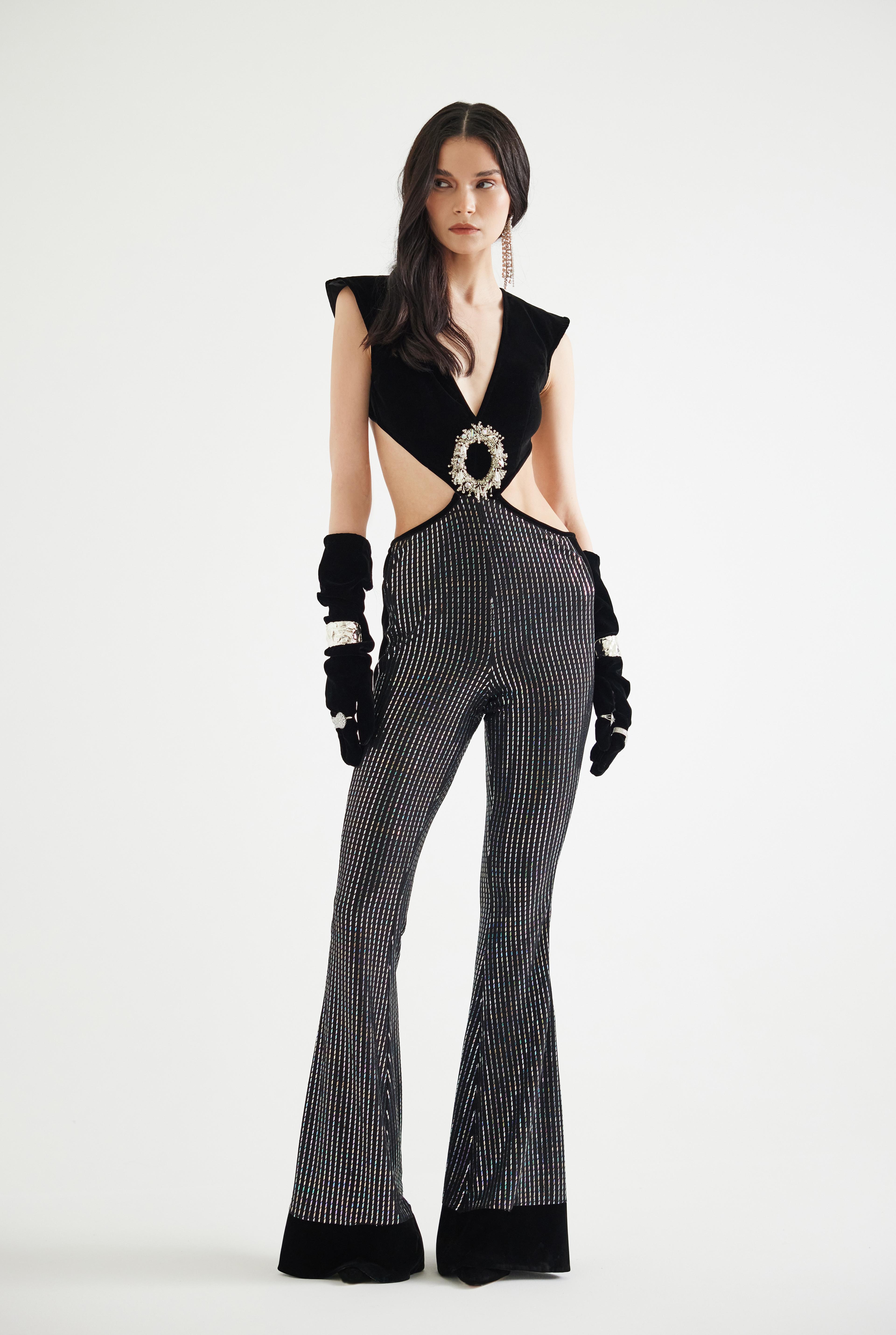 Velvet-Trimmed Embroidered Hologram Printed Jumpsuit