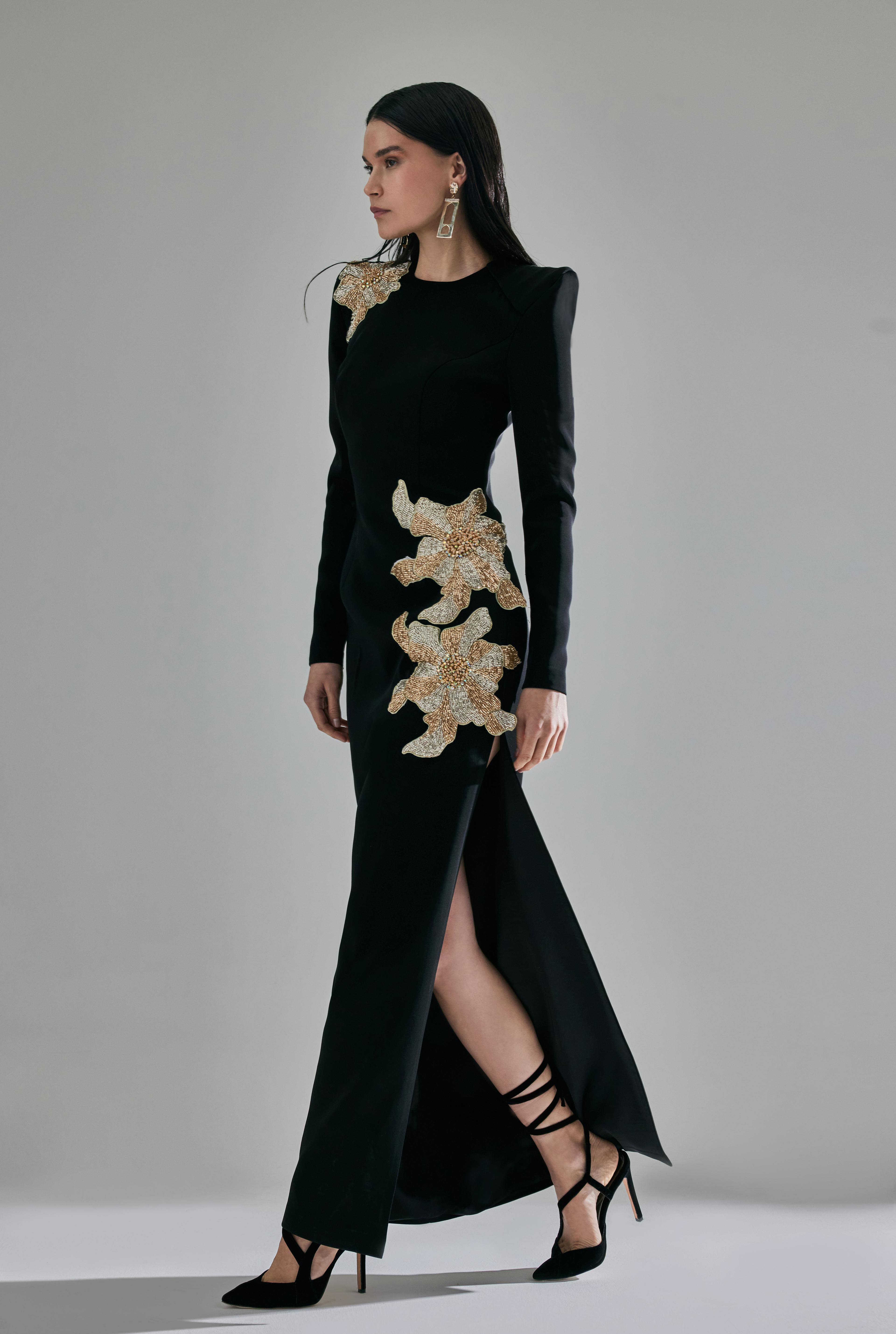 Embroidered Side Slit Midi Dress - Hand Made