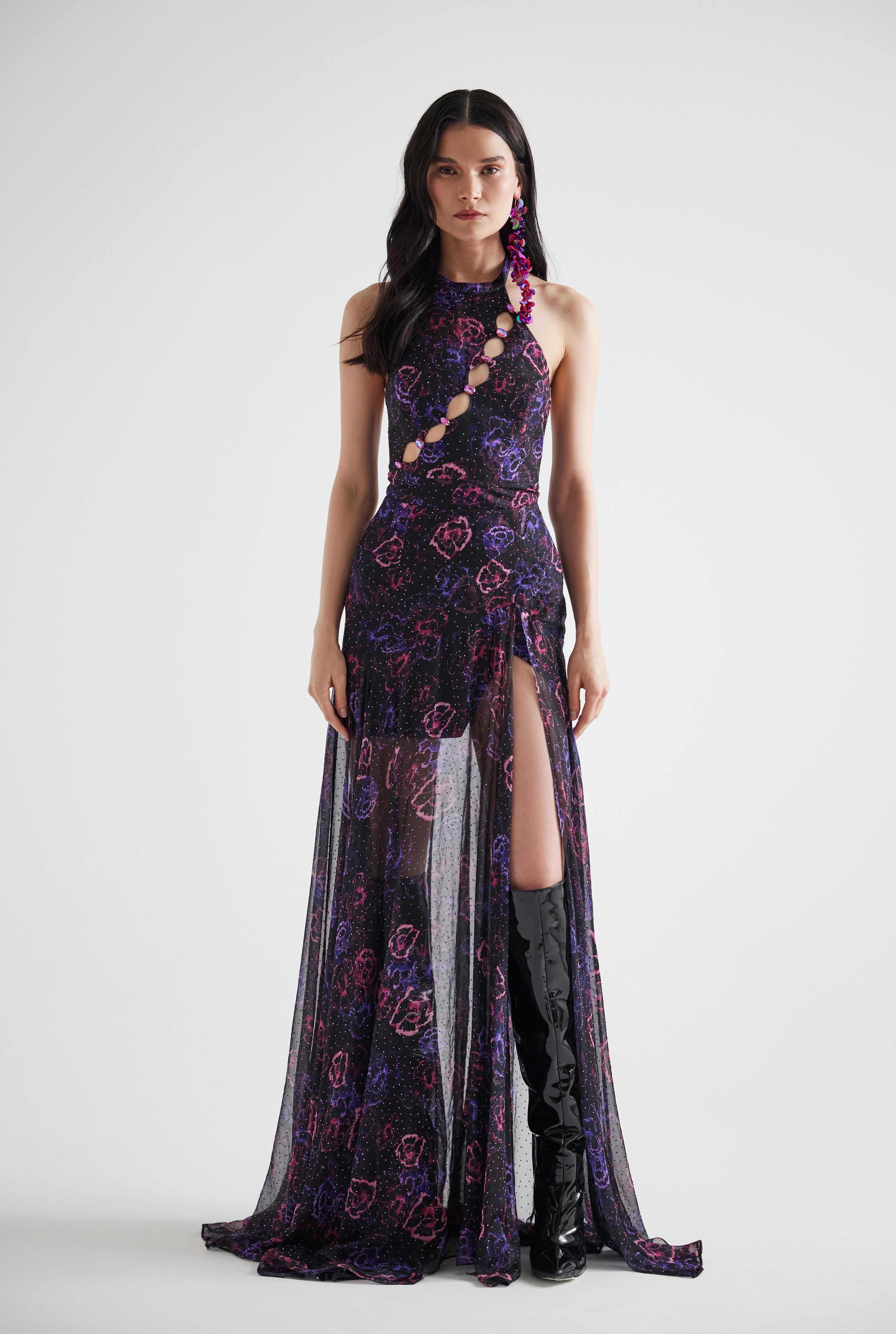 Assymetrical Stone Printed Floral Patterned Maxi Dress