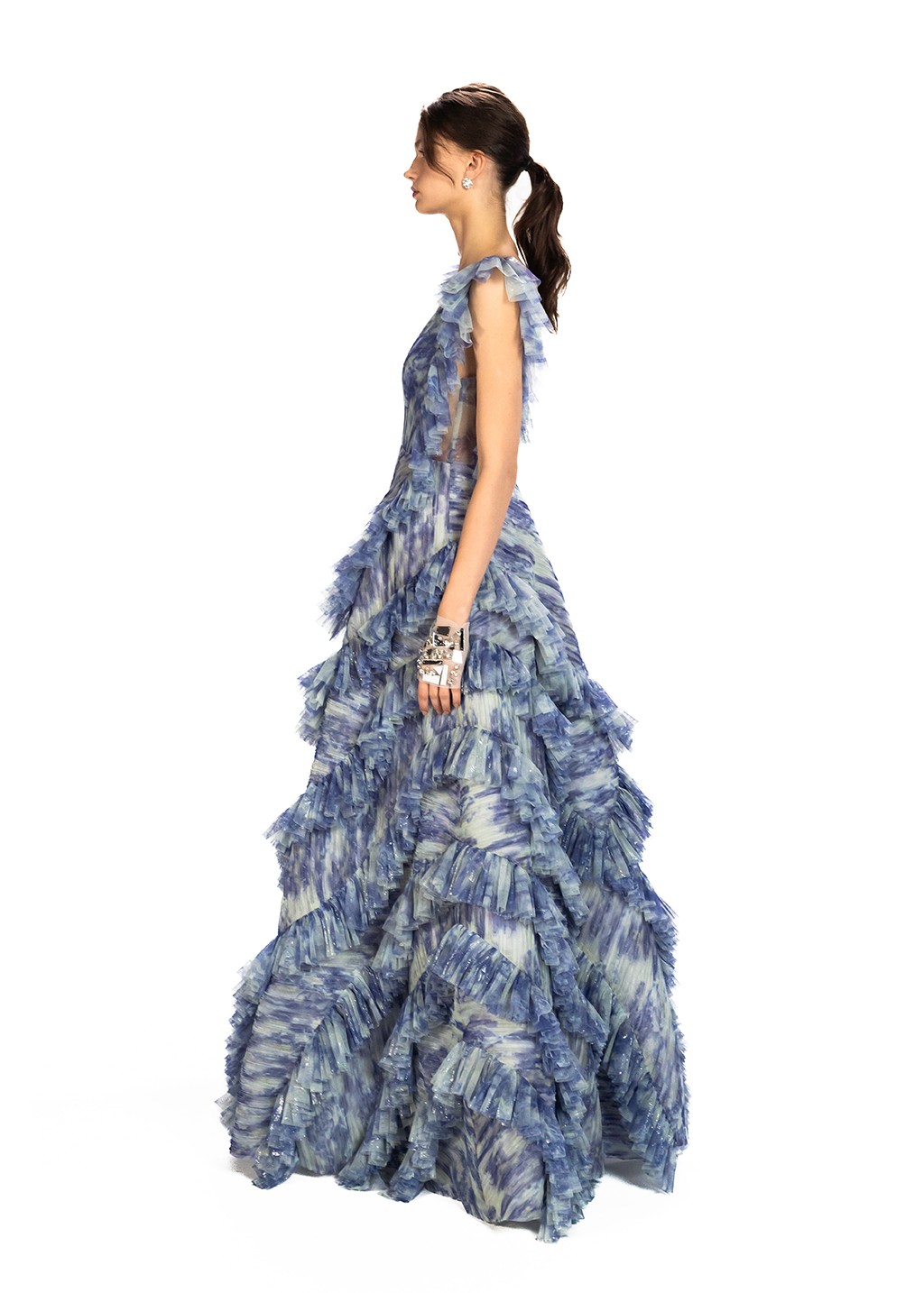 Floral Printed Chiffon Maxi Princess Dress with Frill Details