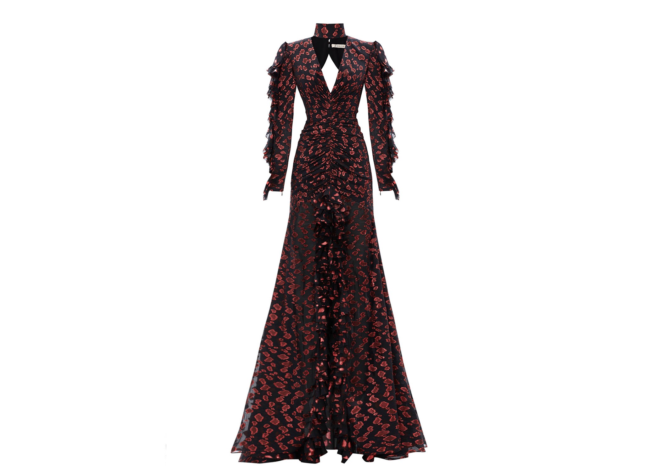 Ruffled Front Slit Jacquard Maxi Dress