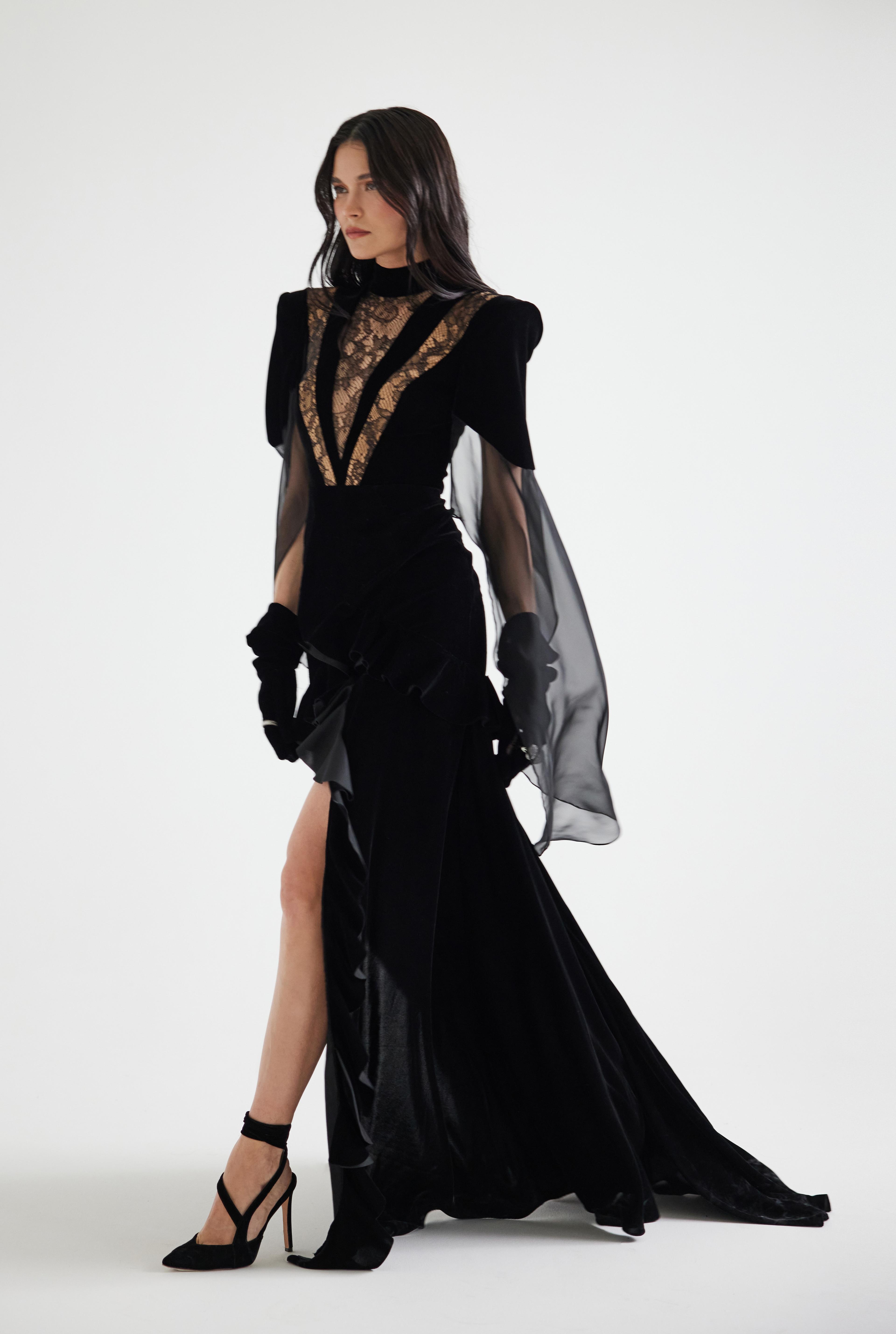 Lace Front Slit Velvet Maxi Dress