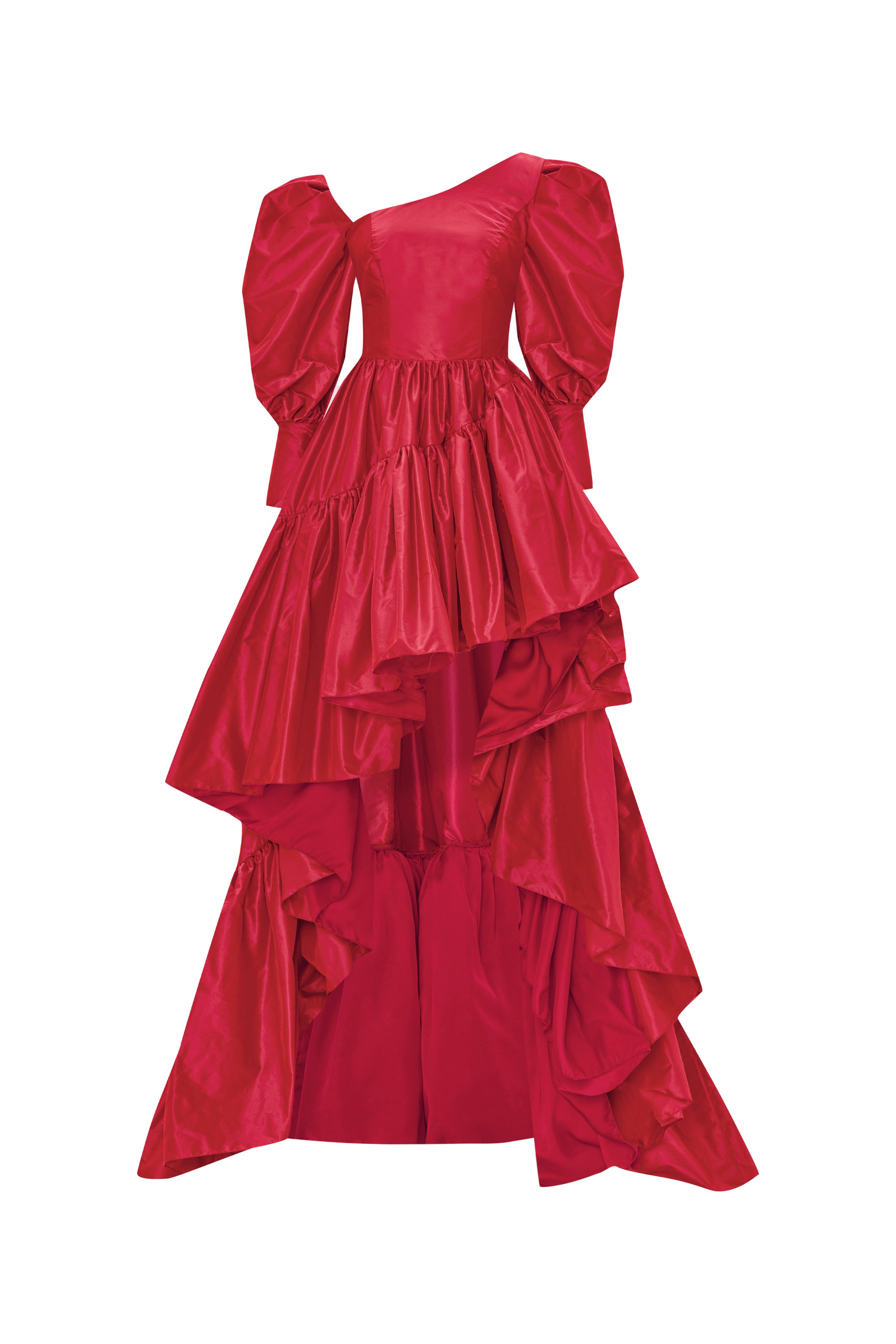 Assymetrical Puffy Sleeved Taffeta Maxi Dress