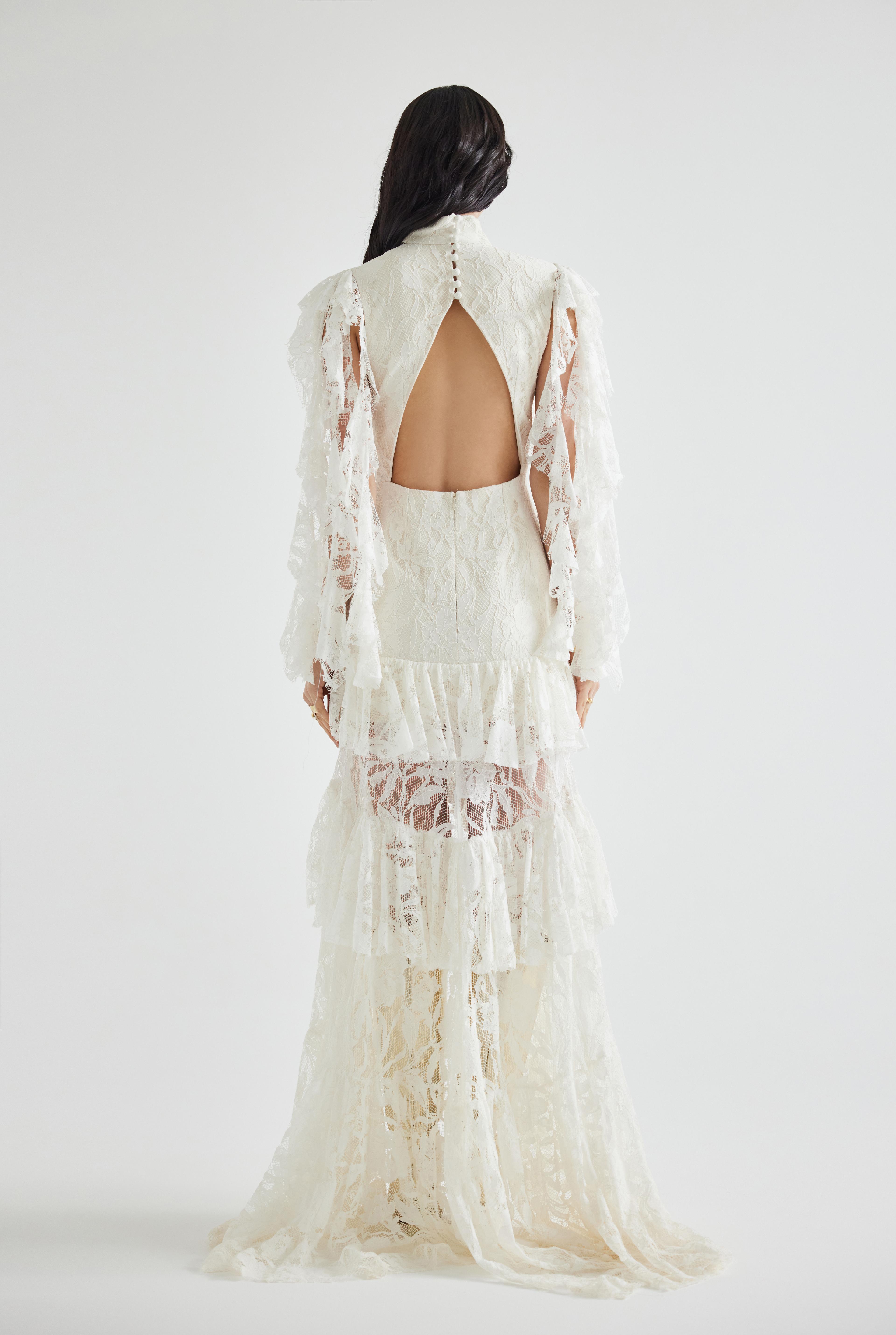 Embroidered Ruffled Lace Maxi Dress - Handmade