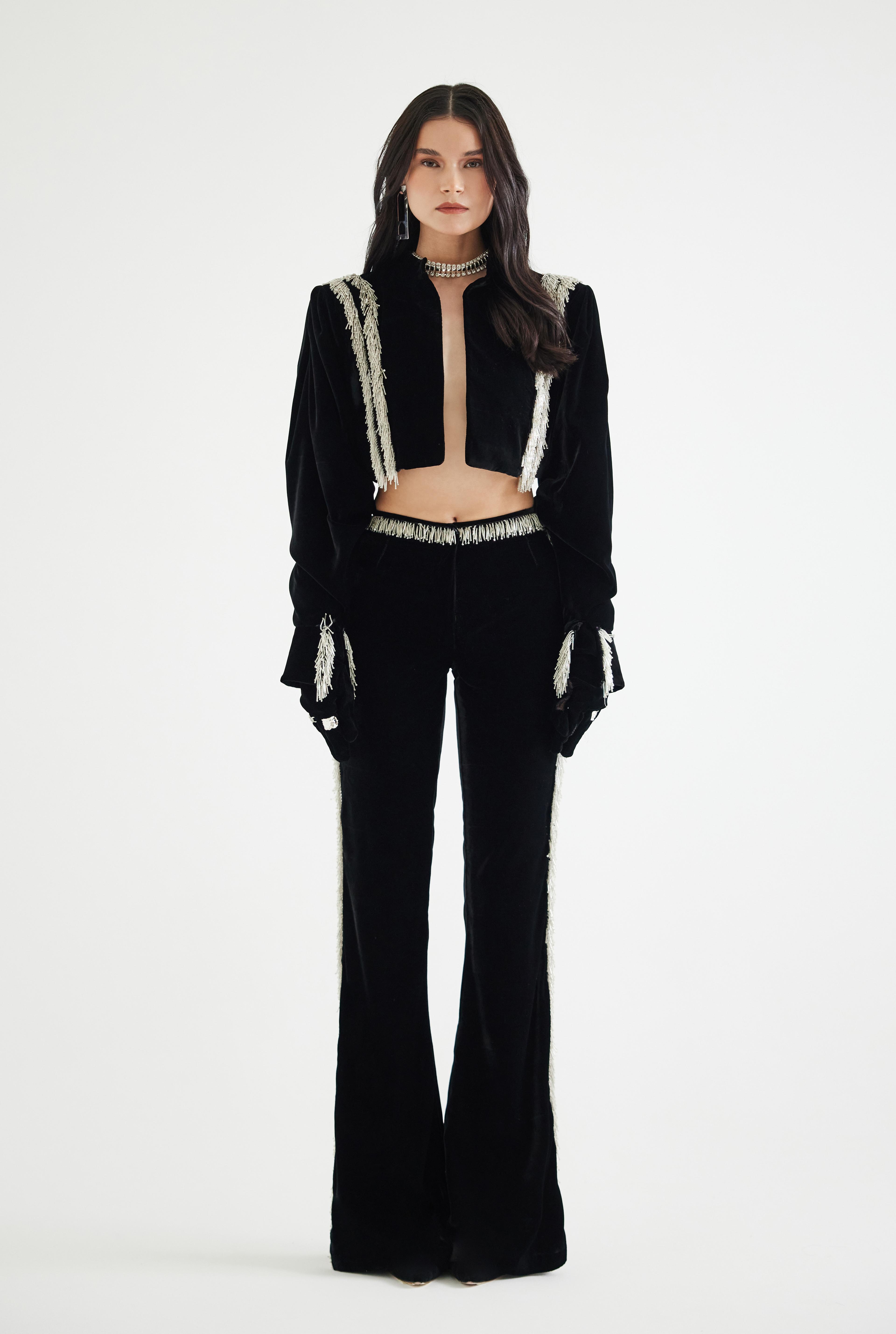 Bead-Embellished Flare Velvet Pants