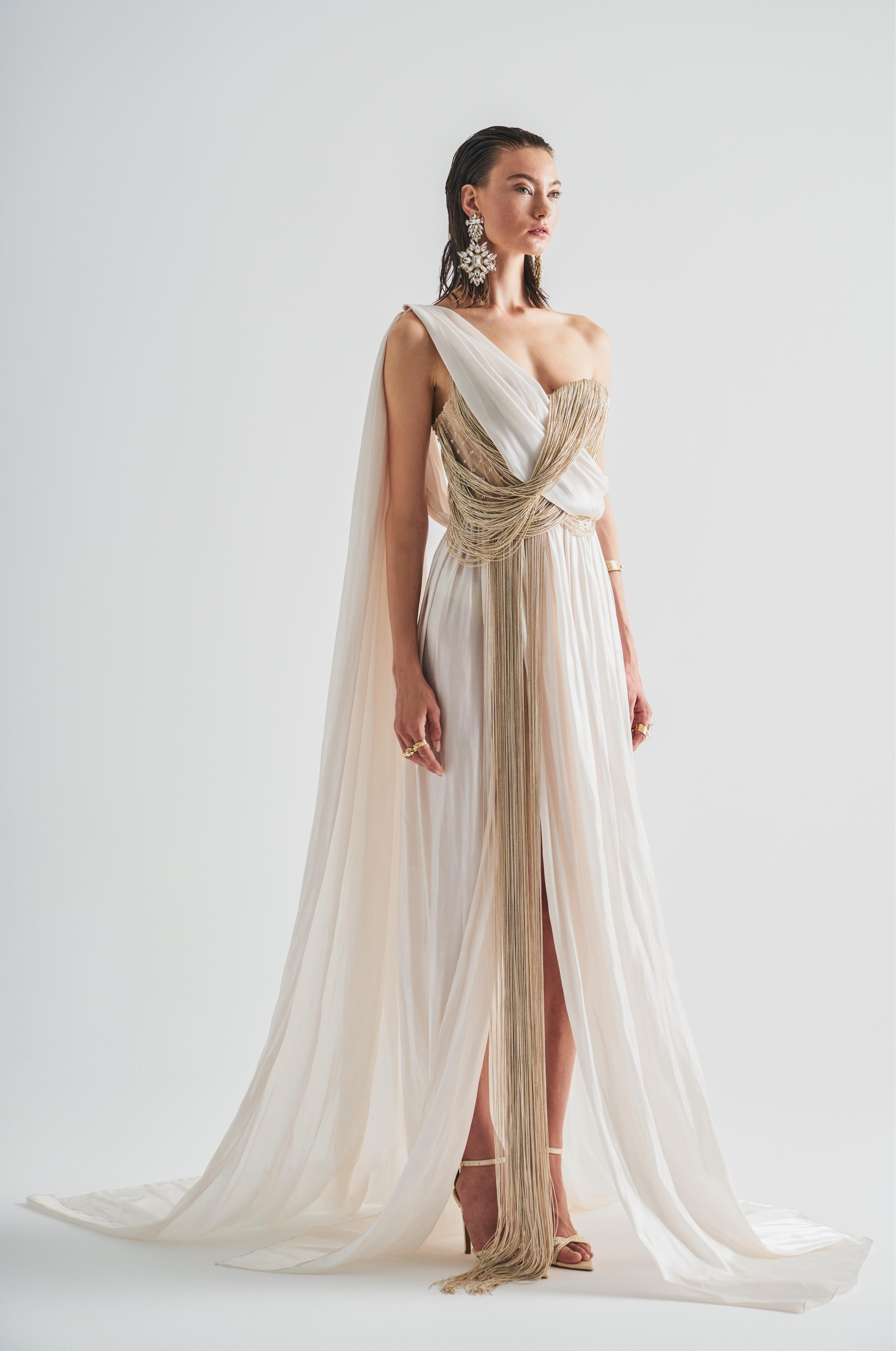 Draped Fringed Maxi Dress