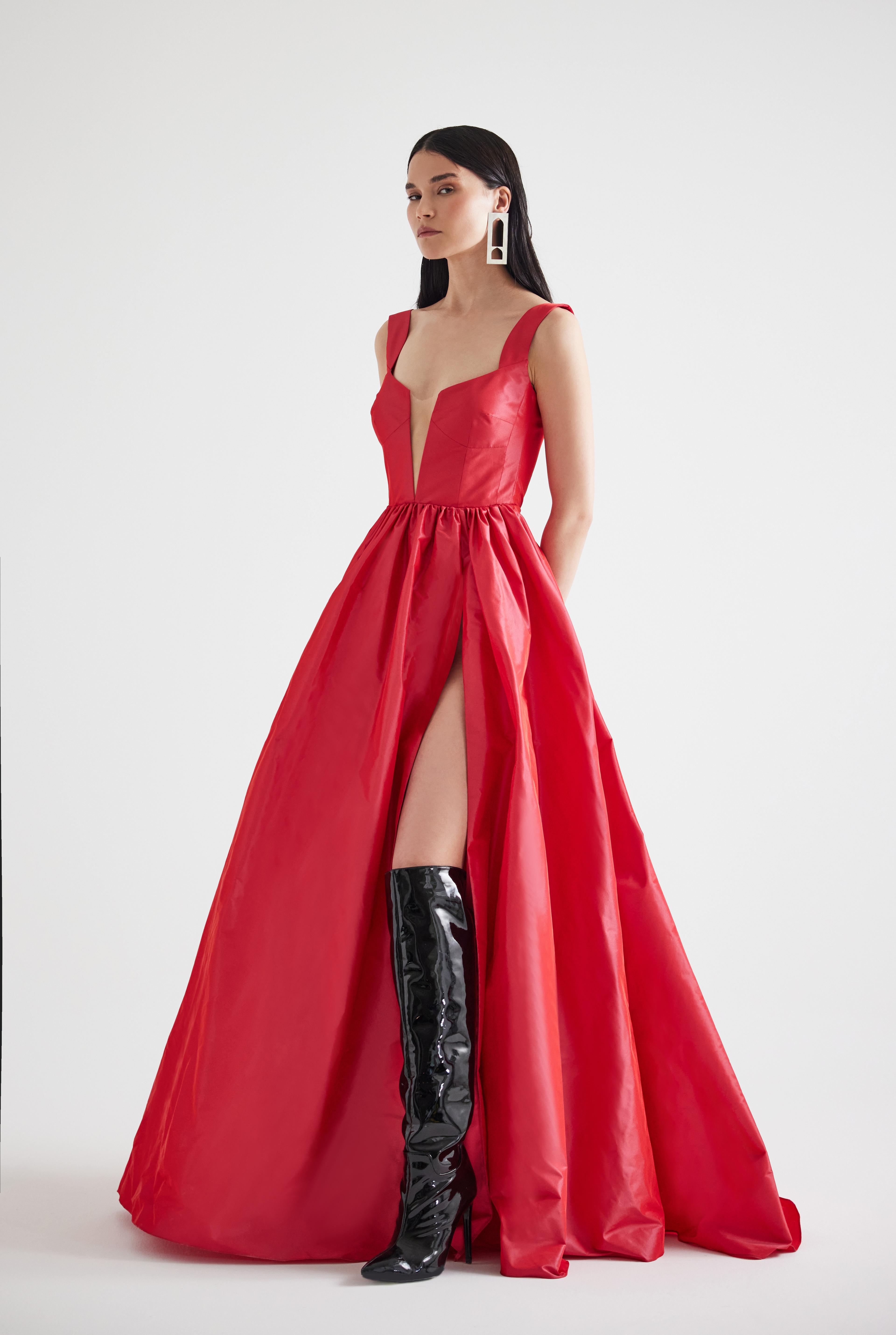 Side Slit Flower Detailed Taffeta Maxi Dress