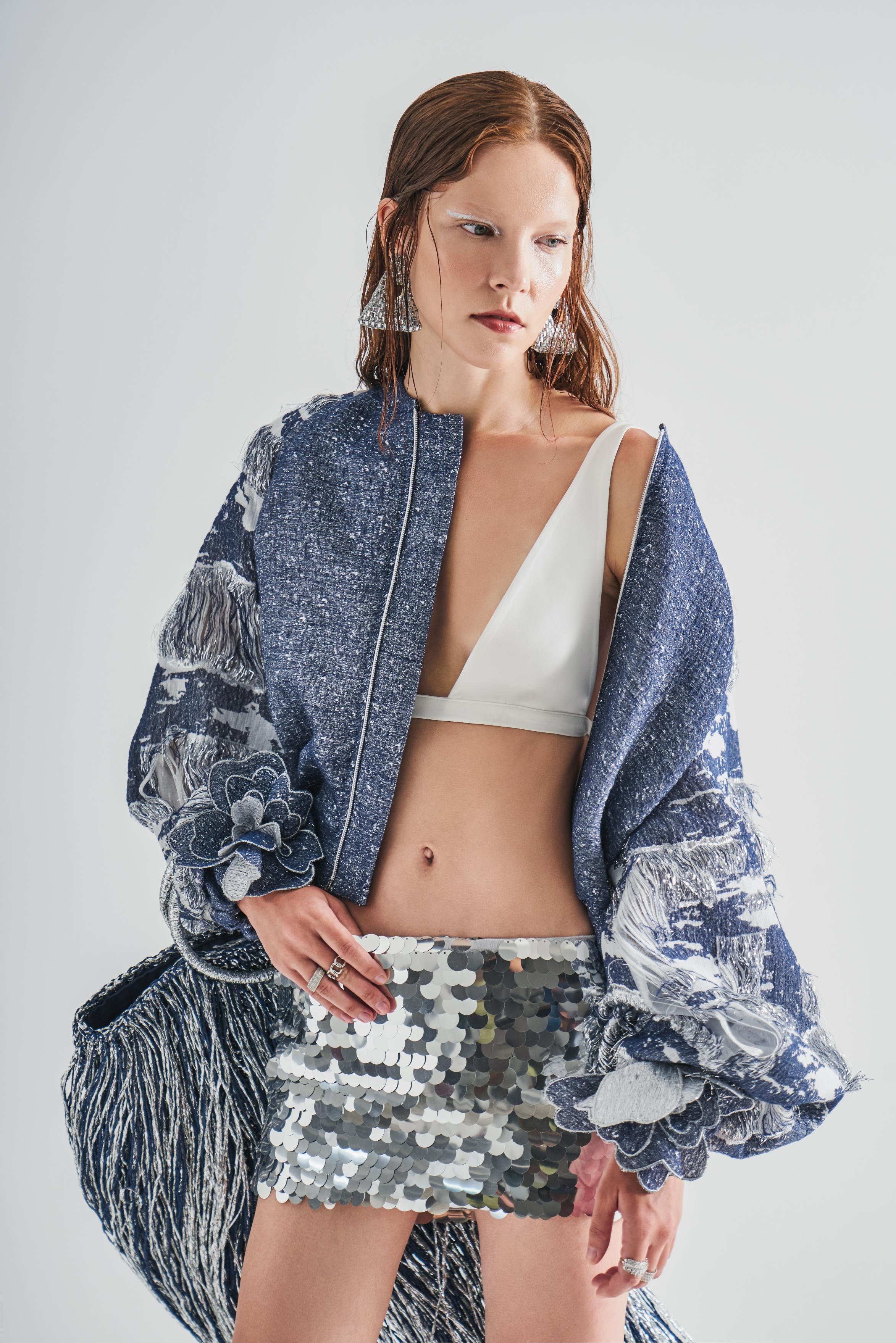 Denim Effect Floral Detailed Crop Jacket