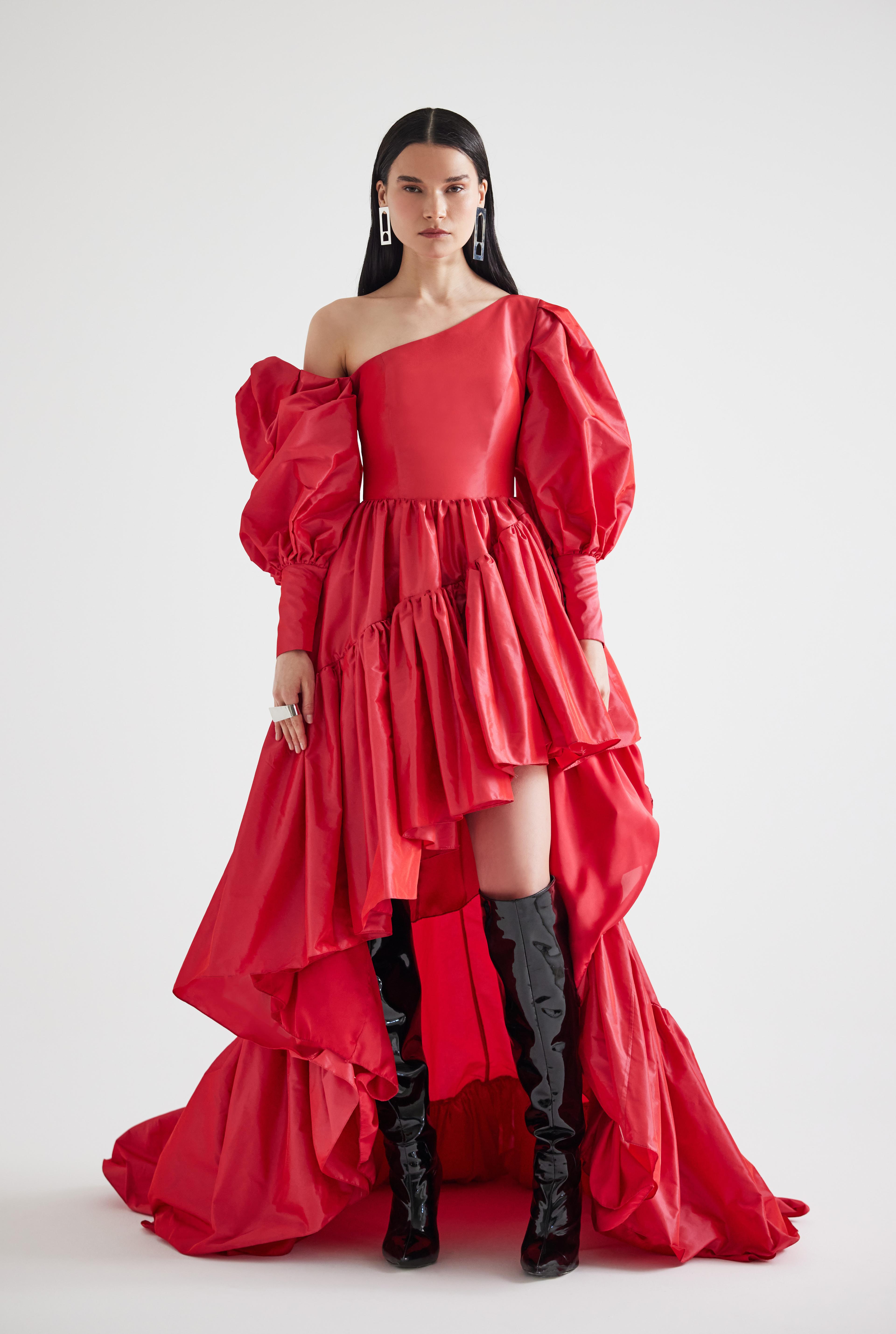 Assymetrical Puffy Sleeved Taffeta Maxi Dress