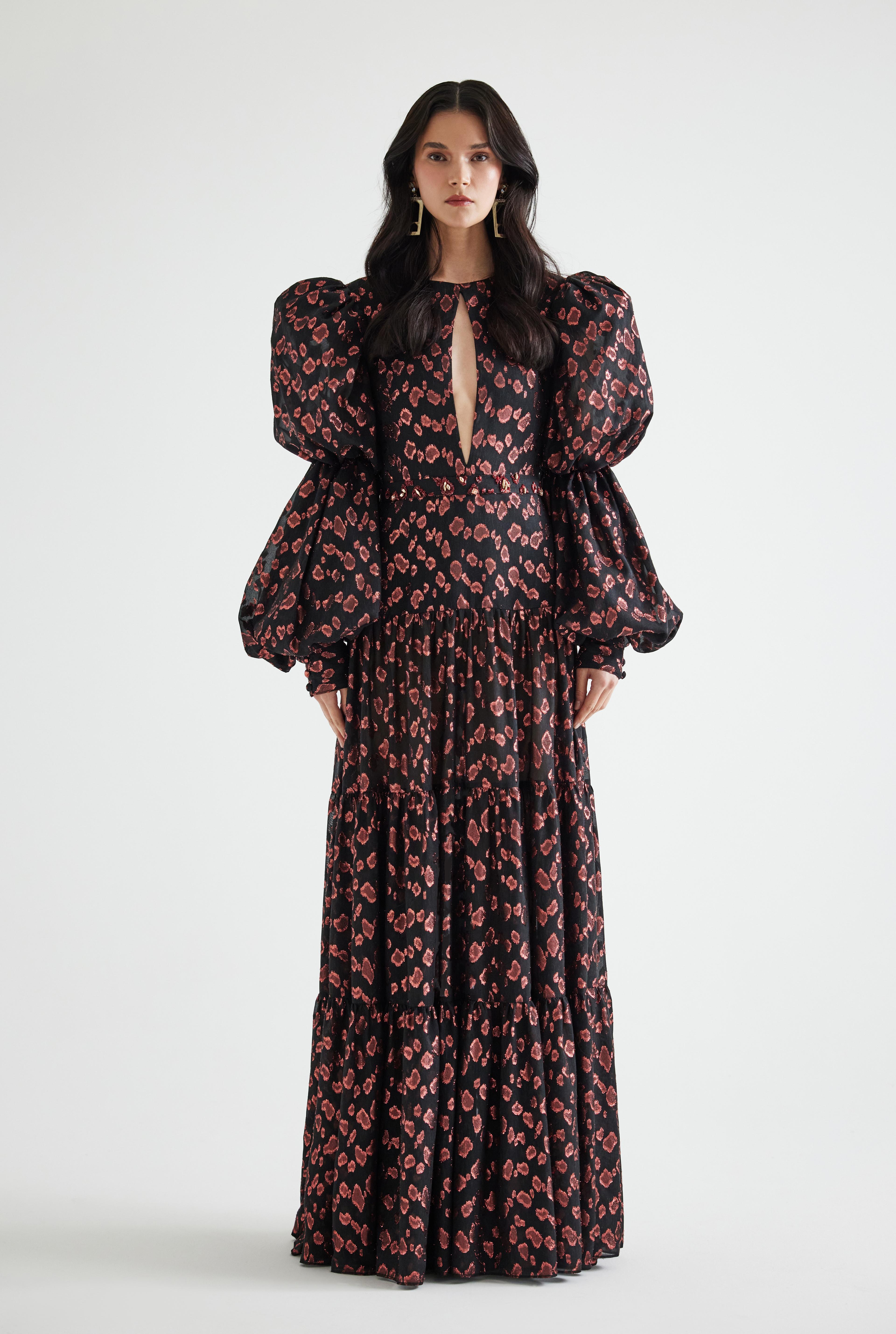 Puffy Sleeved Laminated Jacquard Maxi Dress