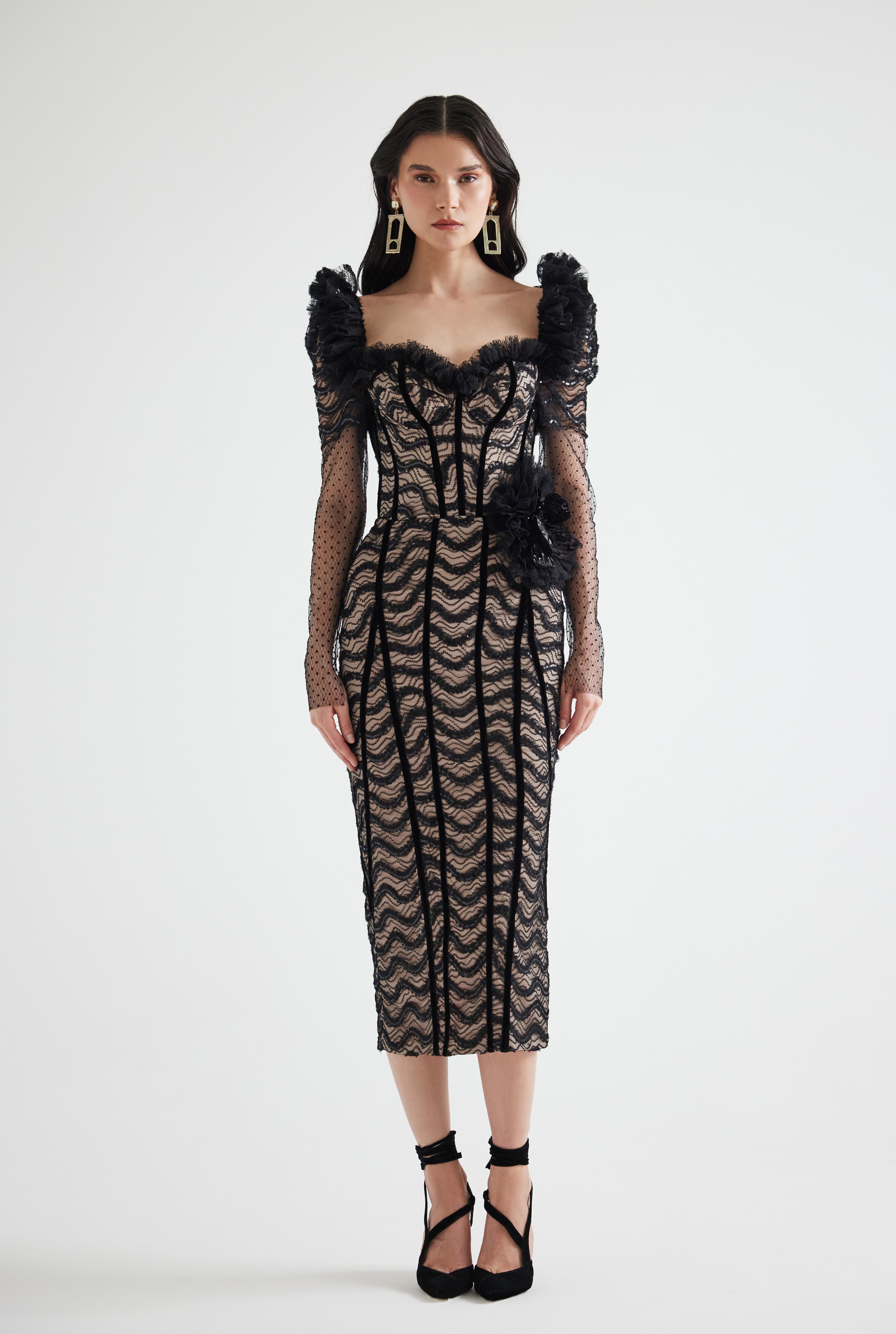 3D Lace With Ruffled Shoulders Midi Dress