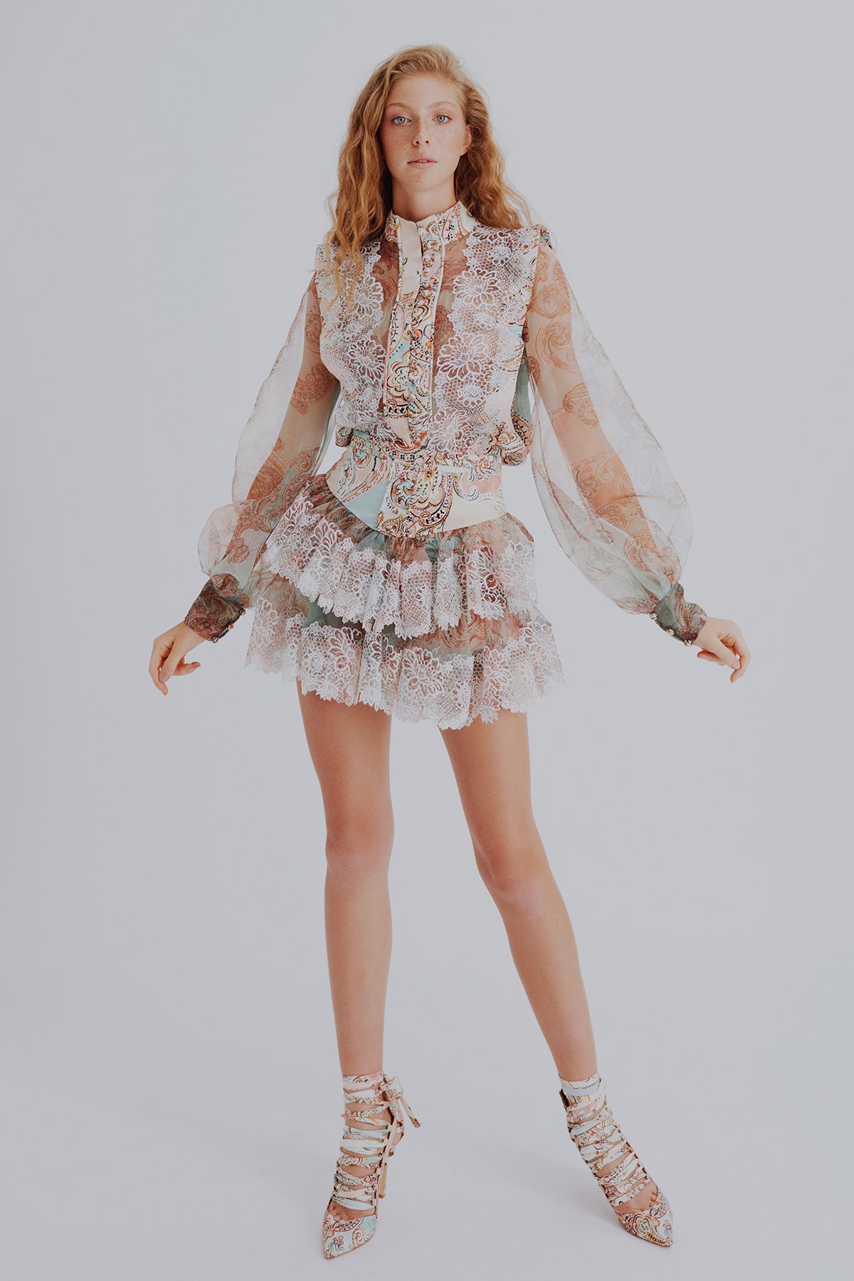 Button Detailed Reversed Puff Sleeved Blouse & Paisley Organza Mini Skirt