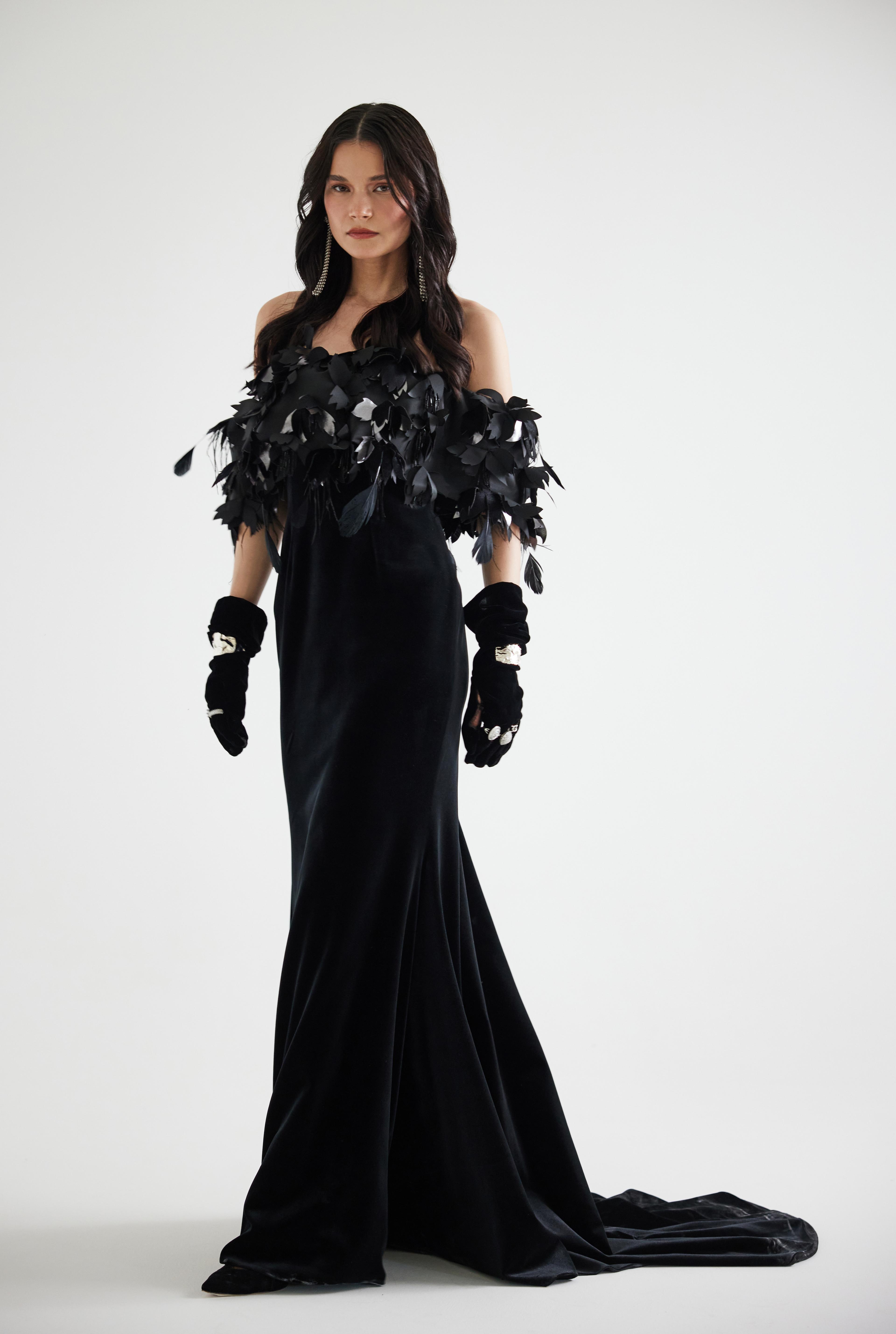 Flower Emballishments Feathered Velvet Maxi Dress