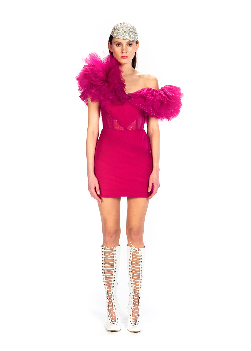 Asymmetric Sleeve Fuchsia Mini Dress