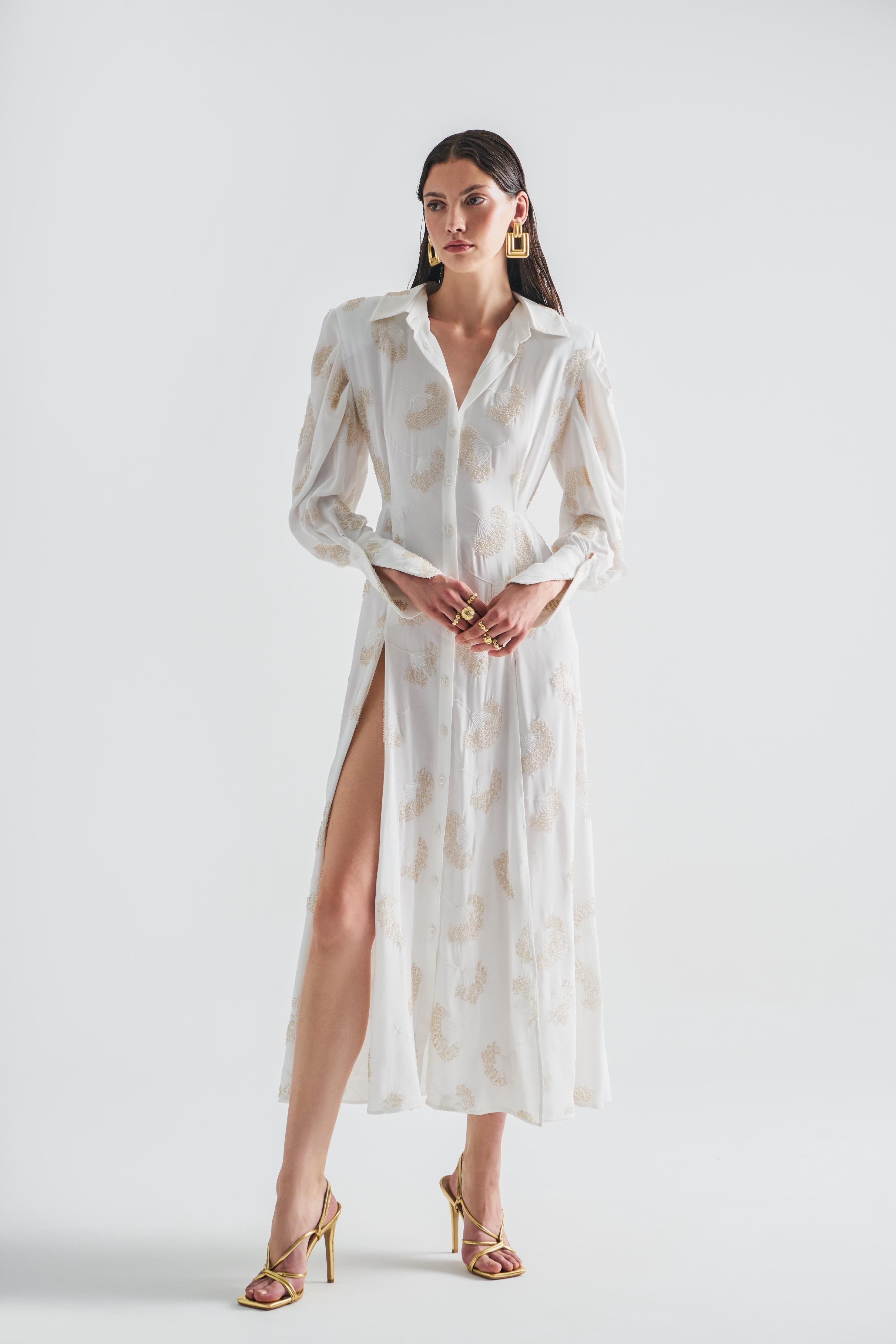 Embroidered Shirt Dress with Sleeve Detail