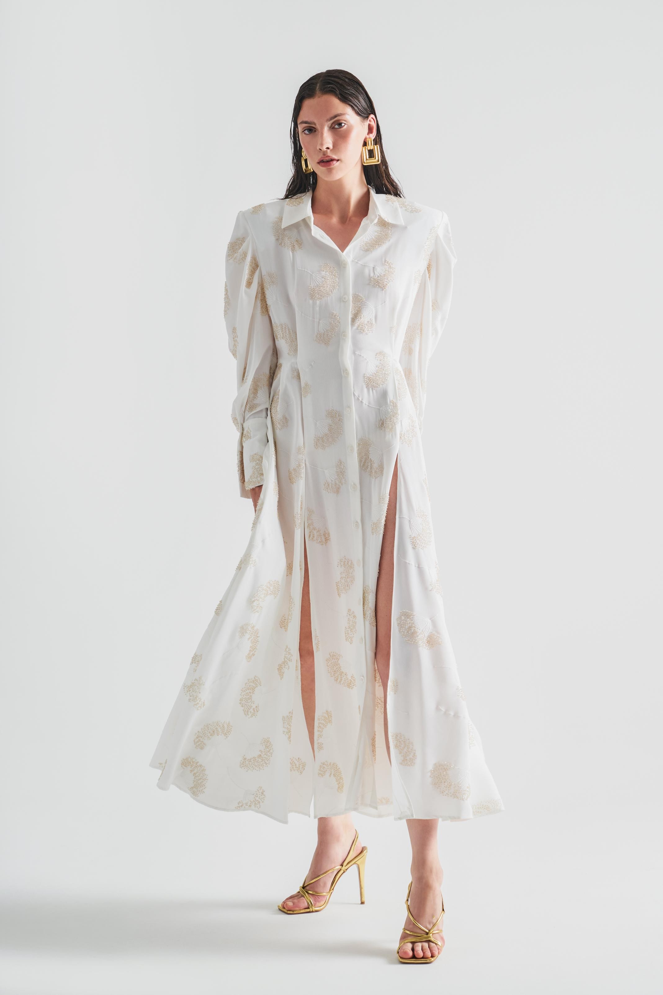 Embroidered Shirt Dress with Sleeve Detail