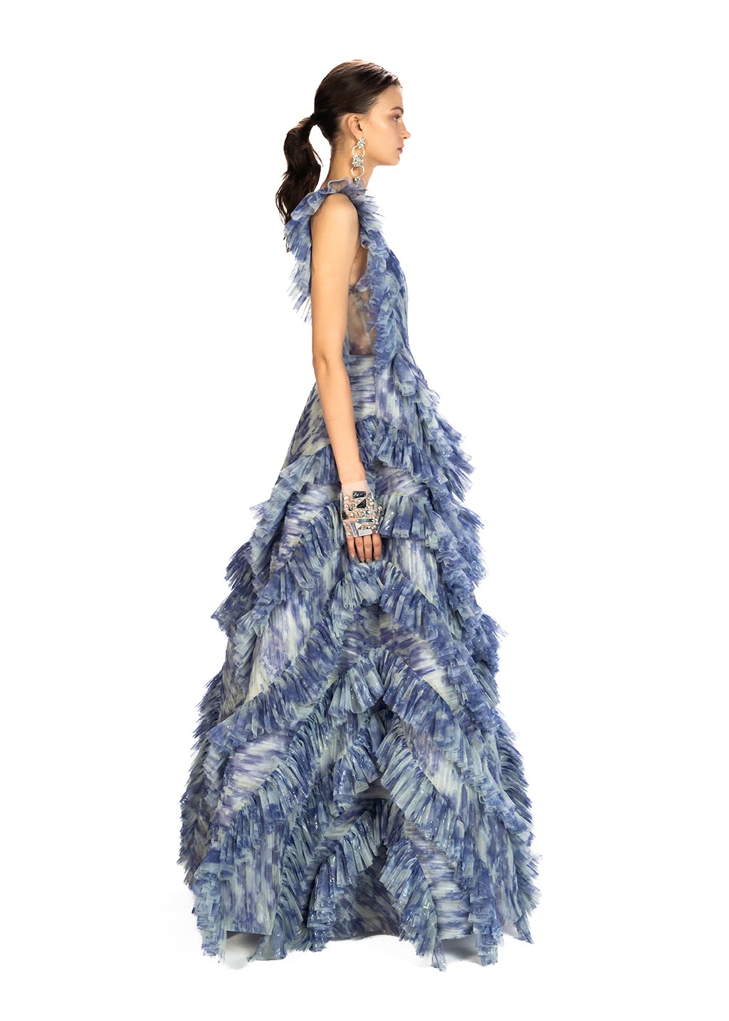 Floral Printed Chiffon Maxi Princess Dress with Frill Details
