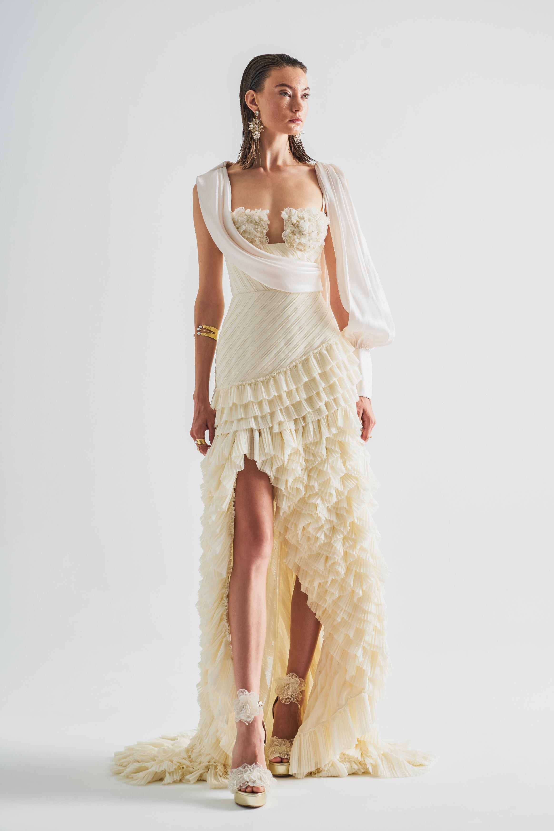 Pleated Ruffle Maxi Dress With Embroidery