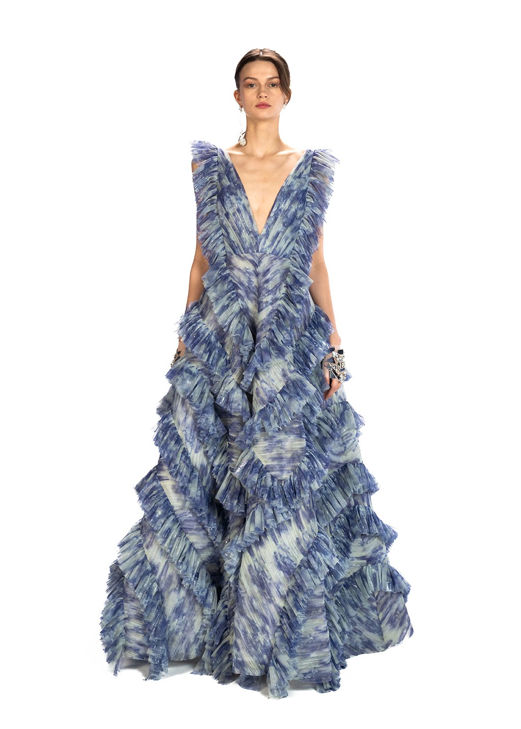 Floral Printed Chiffon Maxi Princess Dress with Frill Details